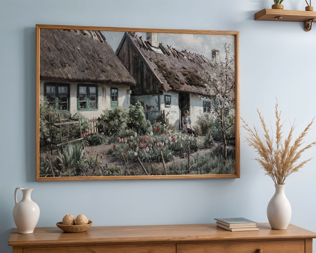 Cottage Garden with Tulips, Countryside Wall Art Print, Danish Rural Home Decor