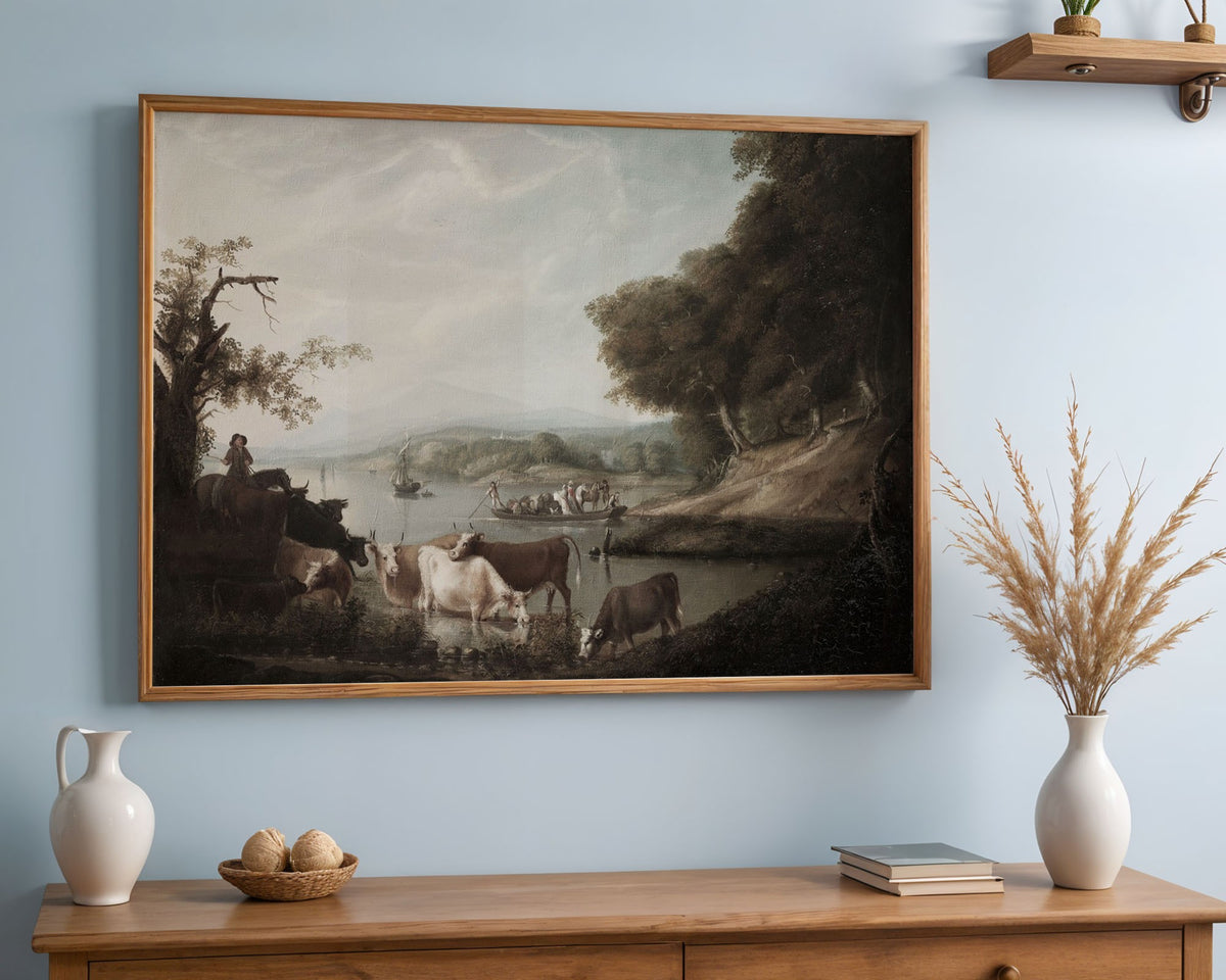 River Landscape with Cattle and Boats Print