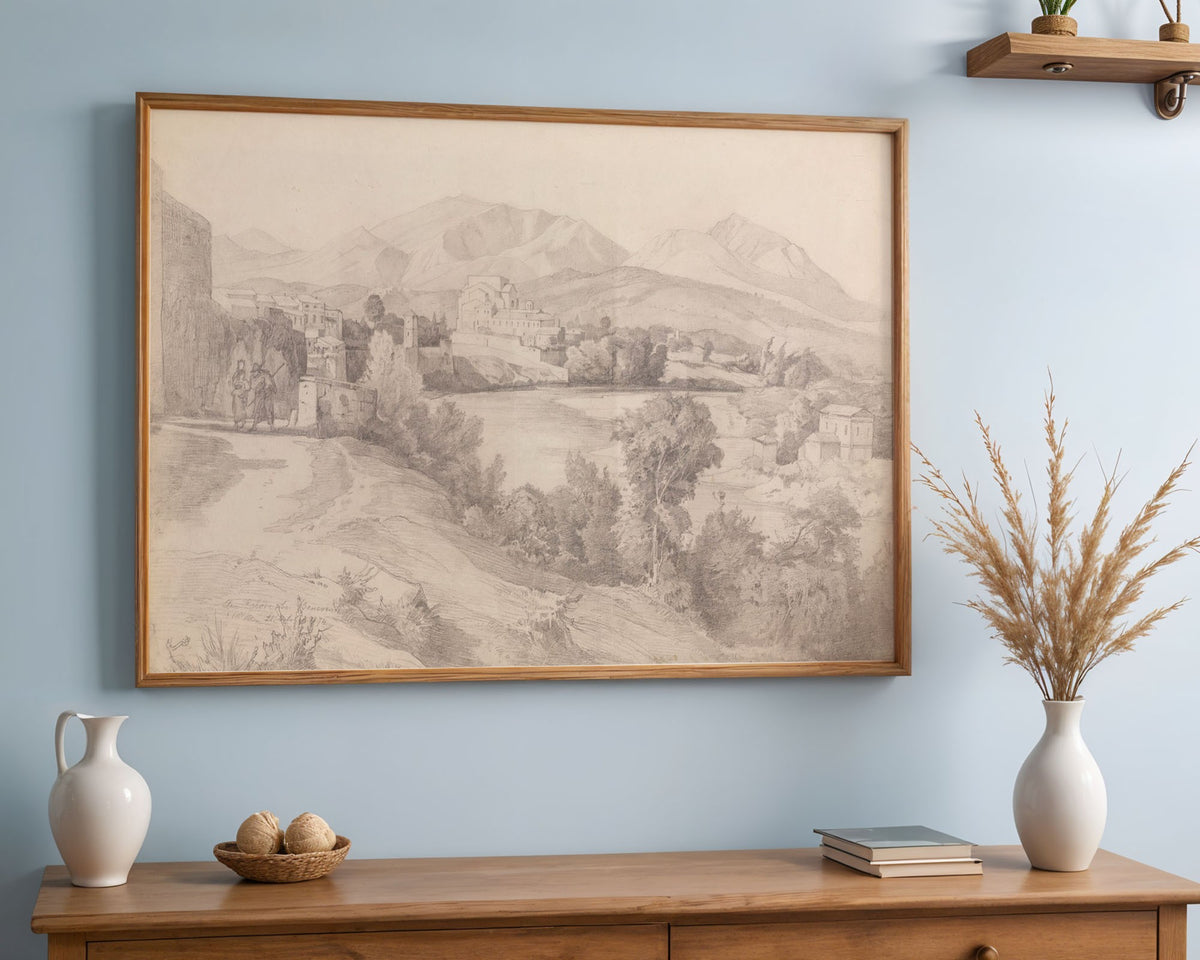 Classical Italian Landscape with River and Mountains Art Print