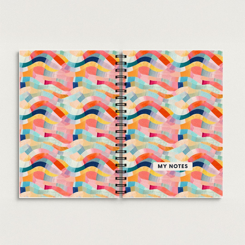Colourful Abstract Waves A5 Spiral Notebook – Coral & Teal Lined Journal