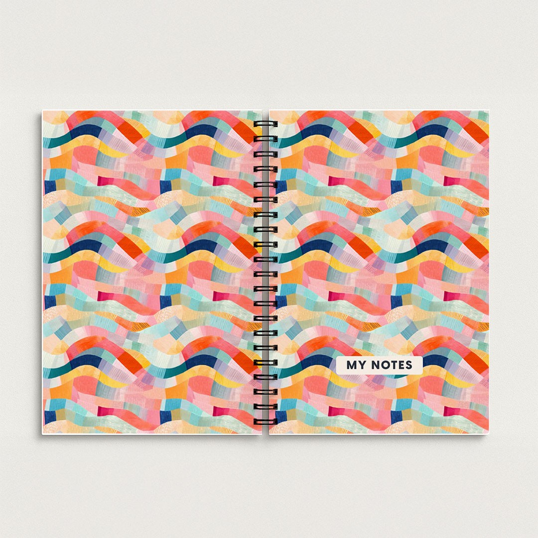 Colourful Abstract Waves A5 Spiral Notebook – Coral & Teal Lined Journal