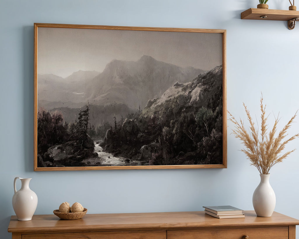 Mountain River Valley Mist – Moody Landscape Art Print