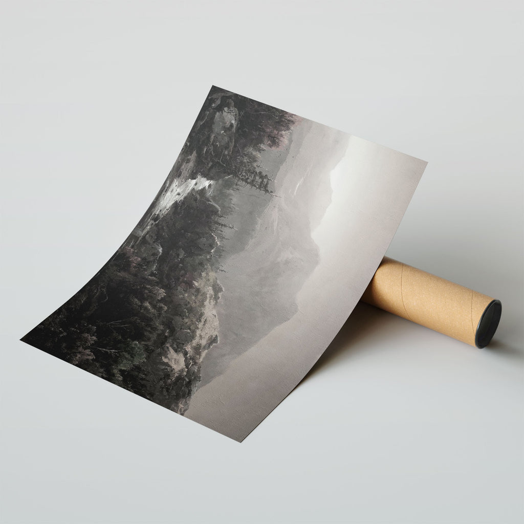 Mountain River Valley Mist – Moody Landscape Art Print