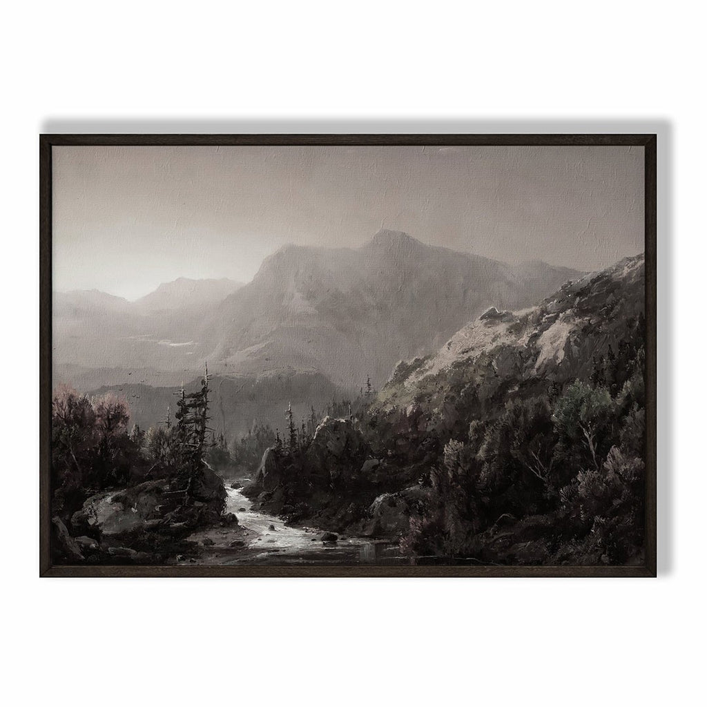 Mountain River Valley Mist – Moody Landscape Art Print