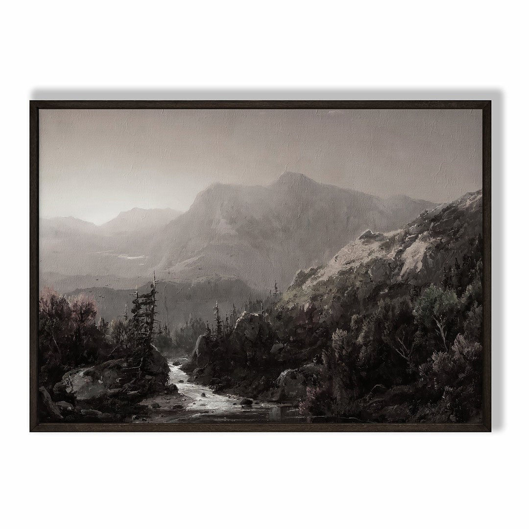 Mountain River Valley Mist – Moody Landscape Art Print