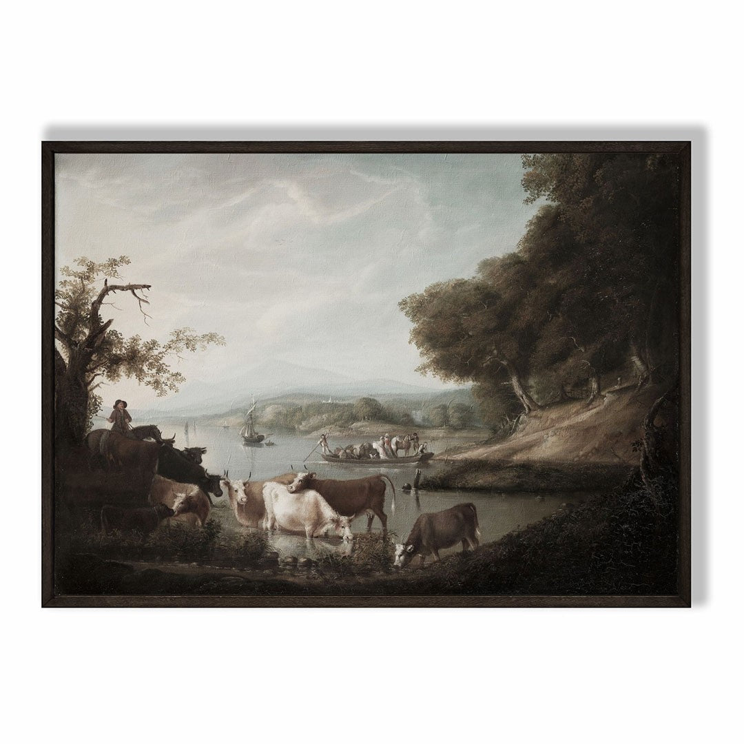 River Landscape with Cattle and Boats Print
