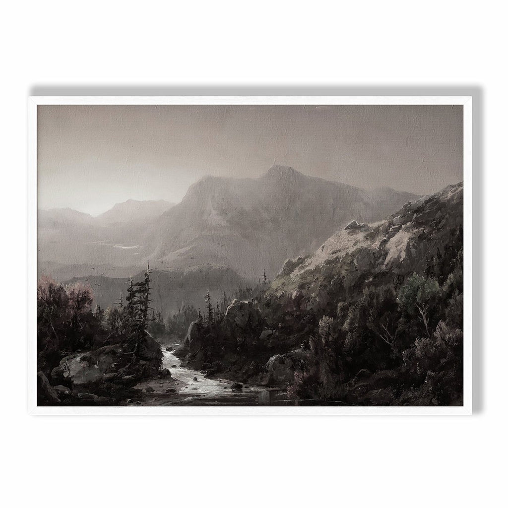 Mountain River Valley Mist – Moody Landscape Art Print
