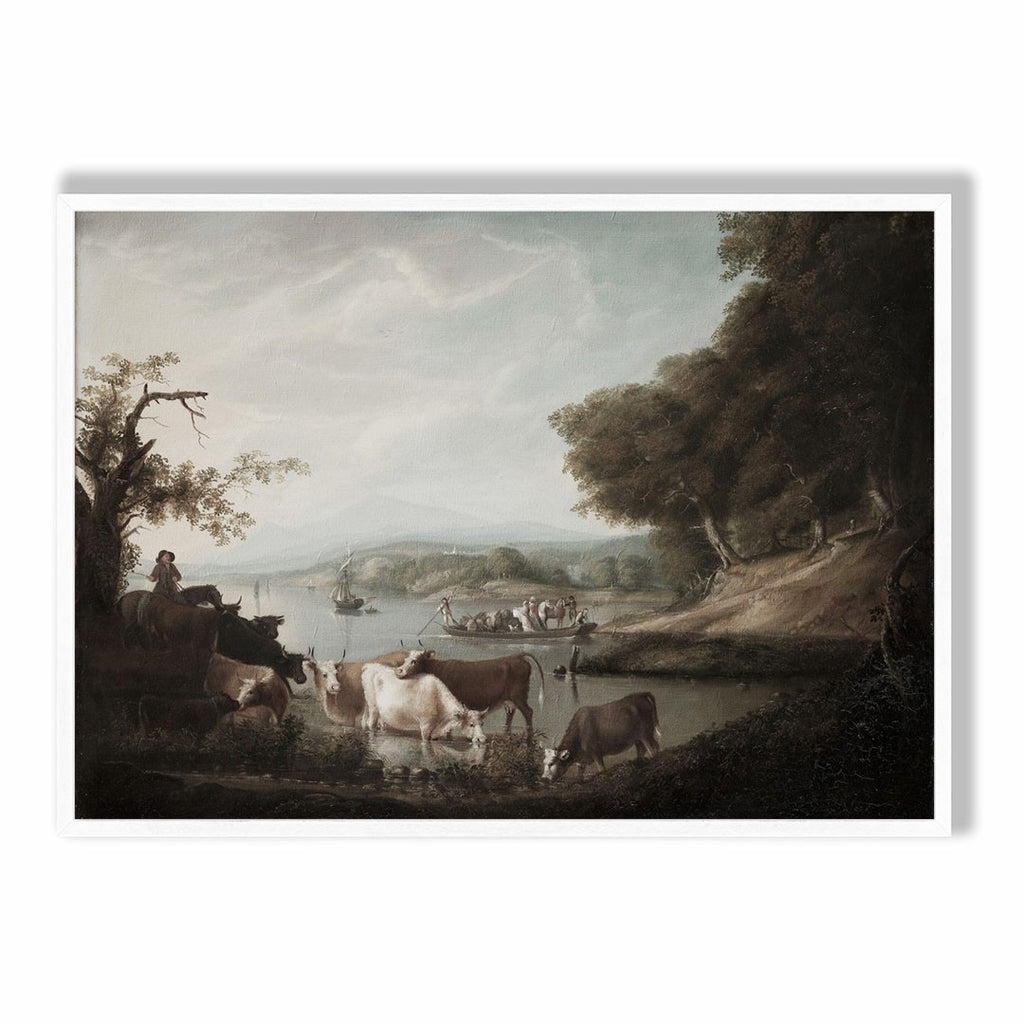 River Landscape with Cattle and Boats Print