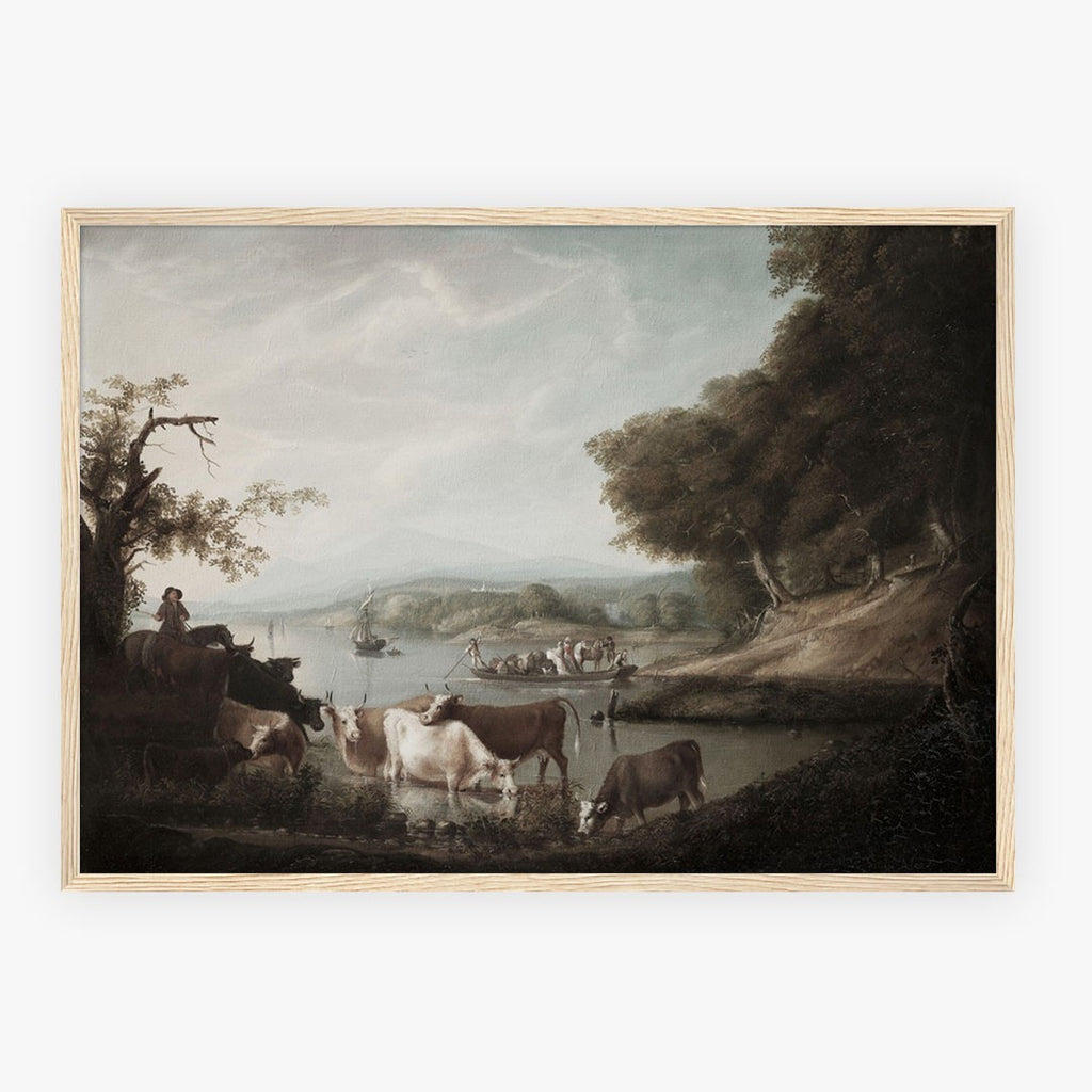 River Landscape with Cattle and Boats Print
