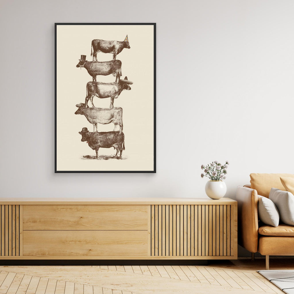 Hallway Wall Art – Quirky Stacked Cows Vintage Canvas Print - Framed Pop Art