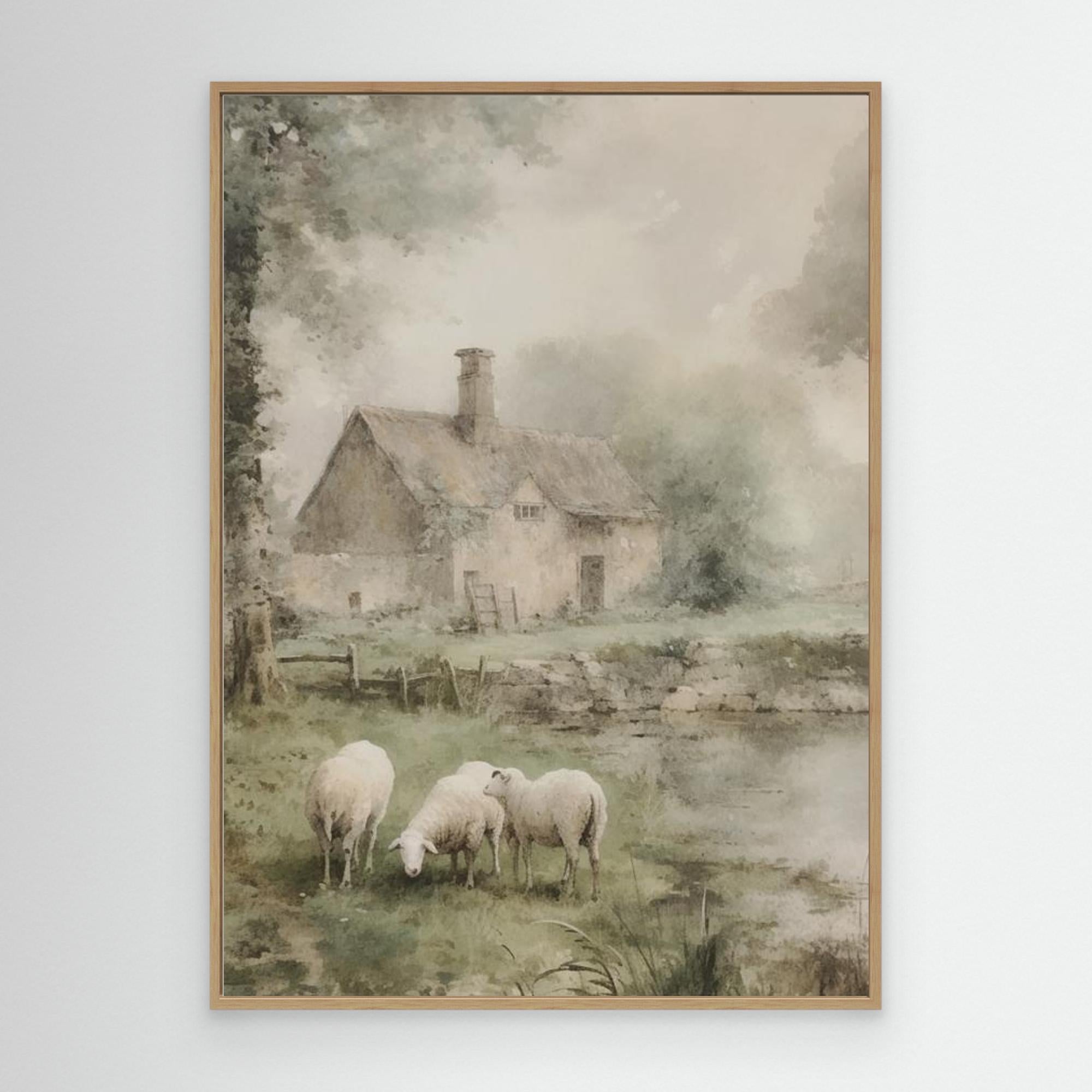Sheep & Country Cottage Watercolour | Farmhouse Hallway Art - Framed Pop Art
