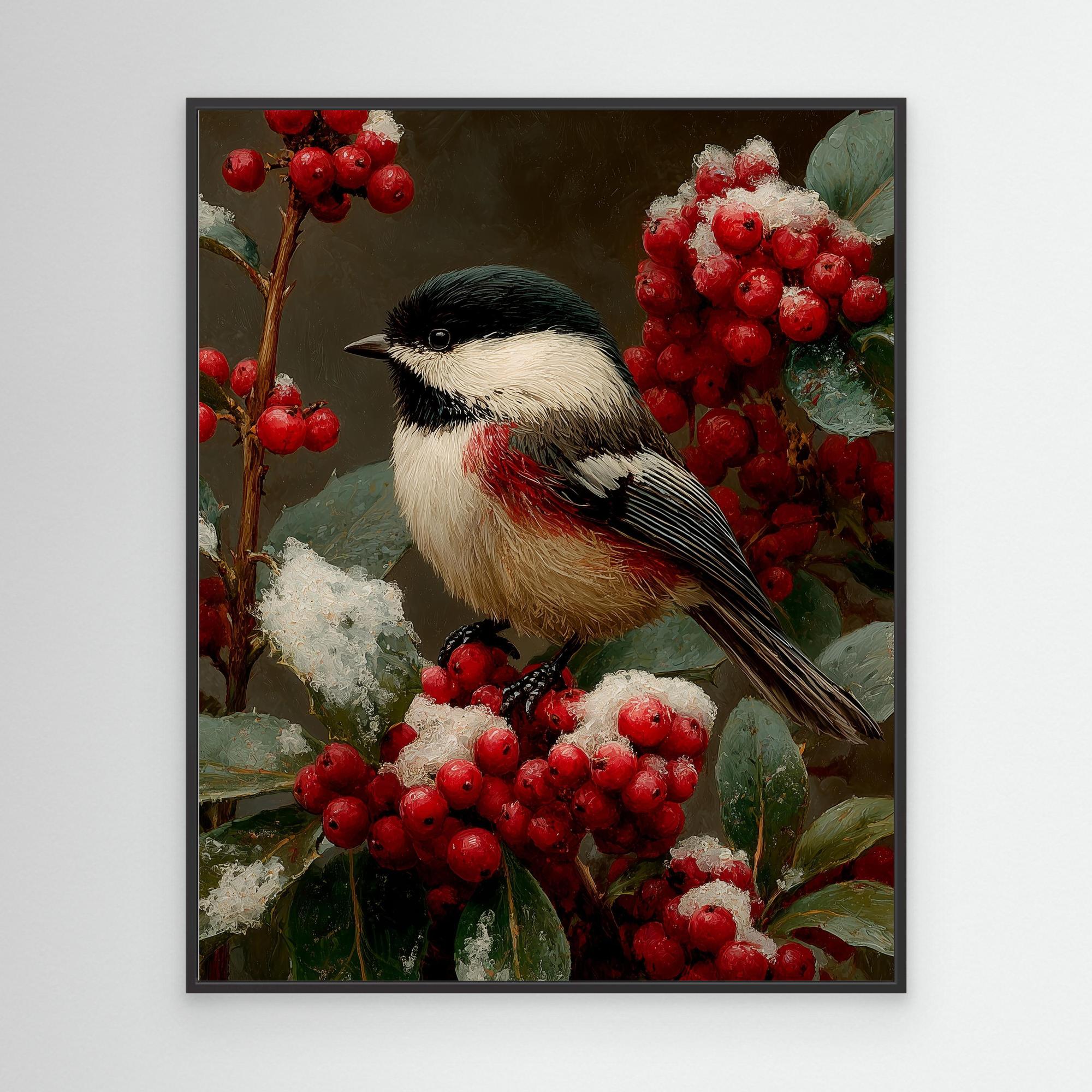 Hallway Bird Wall Art – Chickadee & Red Berries Canvas - Framed Pop Art