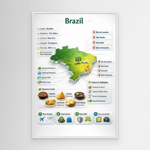 Brazil Travel Infographic Poster | Vibrant Canvas Wall Art - Framed Pop Art