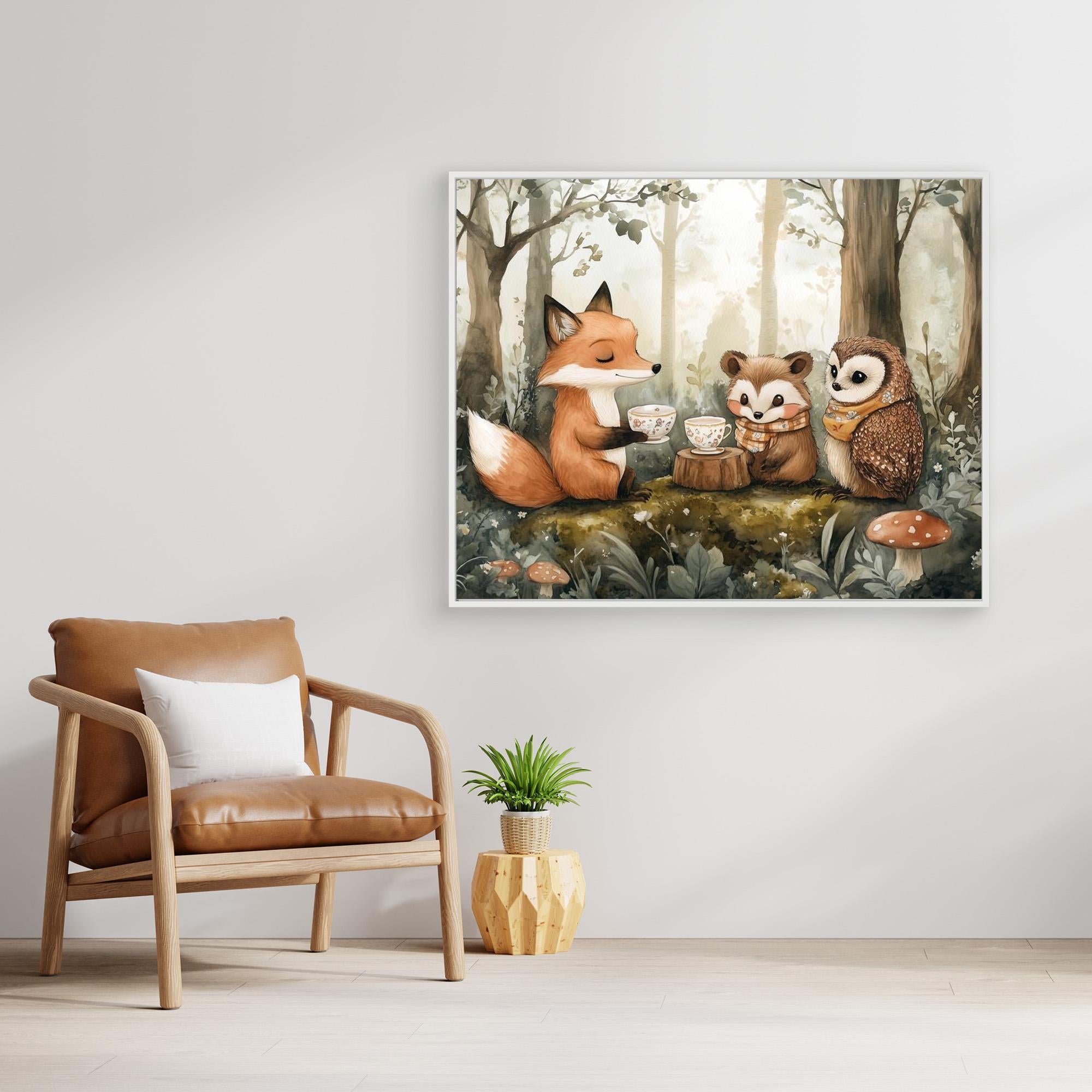 Woodland Friends Tea Party Canvas Wall Art | Nursery Decor - Framed Pop Art