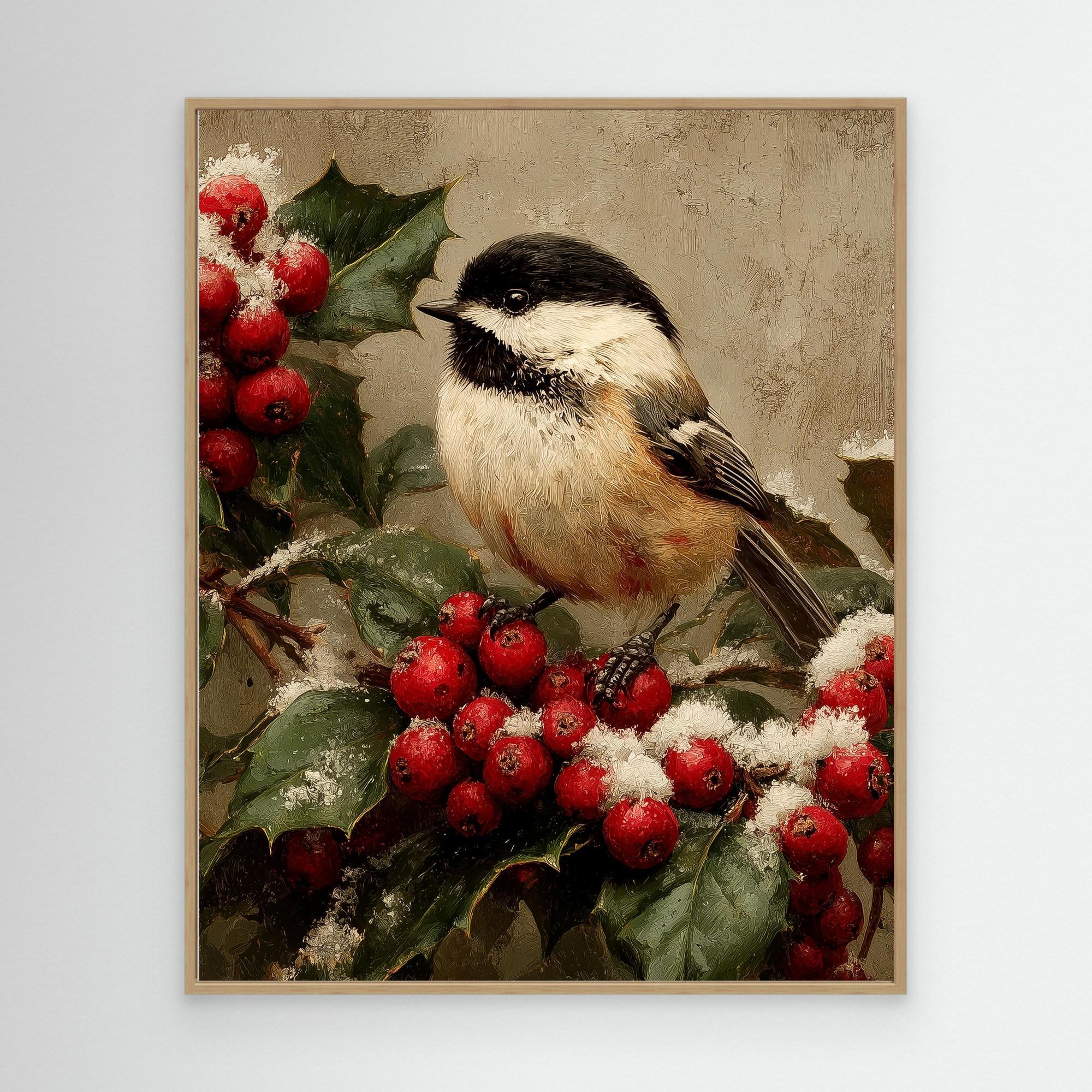Christmas Bird Wall Art for Hallway – Chickadee Print - Framed Pop Art