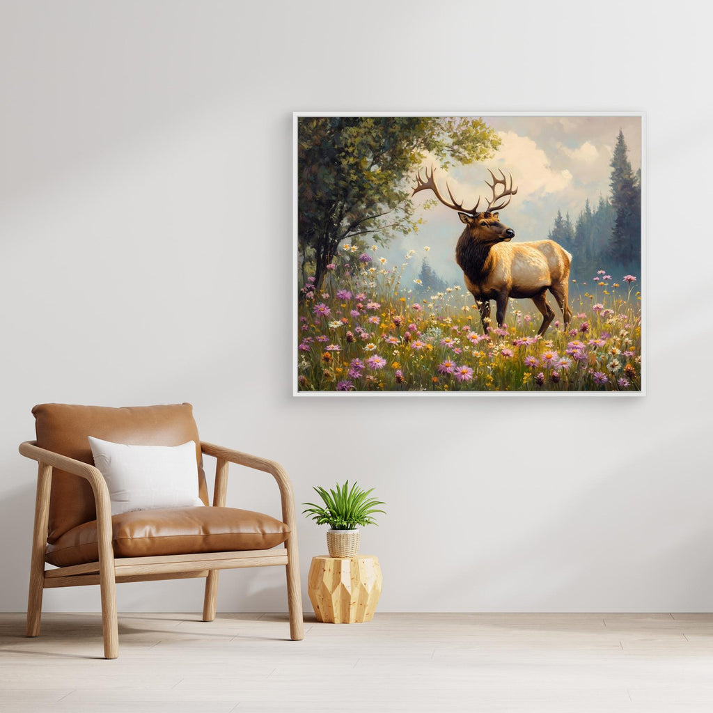 Majestic Elk in Wildflower Meadow Canvas Wall Art - Framed Pop Art