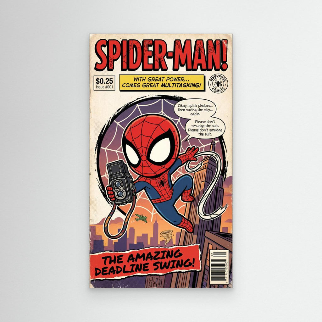 Spider-Man Deadline Swing Comic Art | Chibi Canvas Print - Framed Pop Art