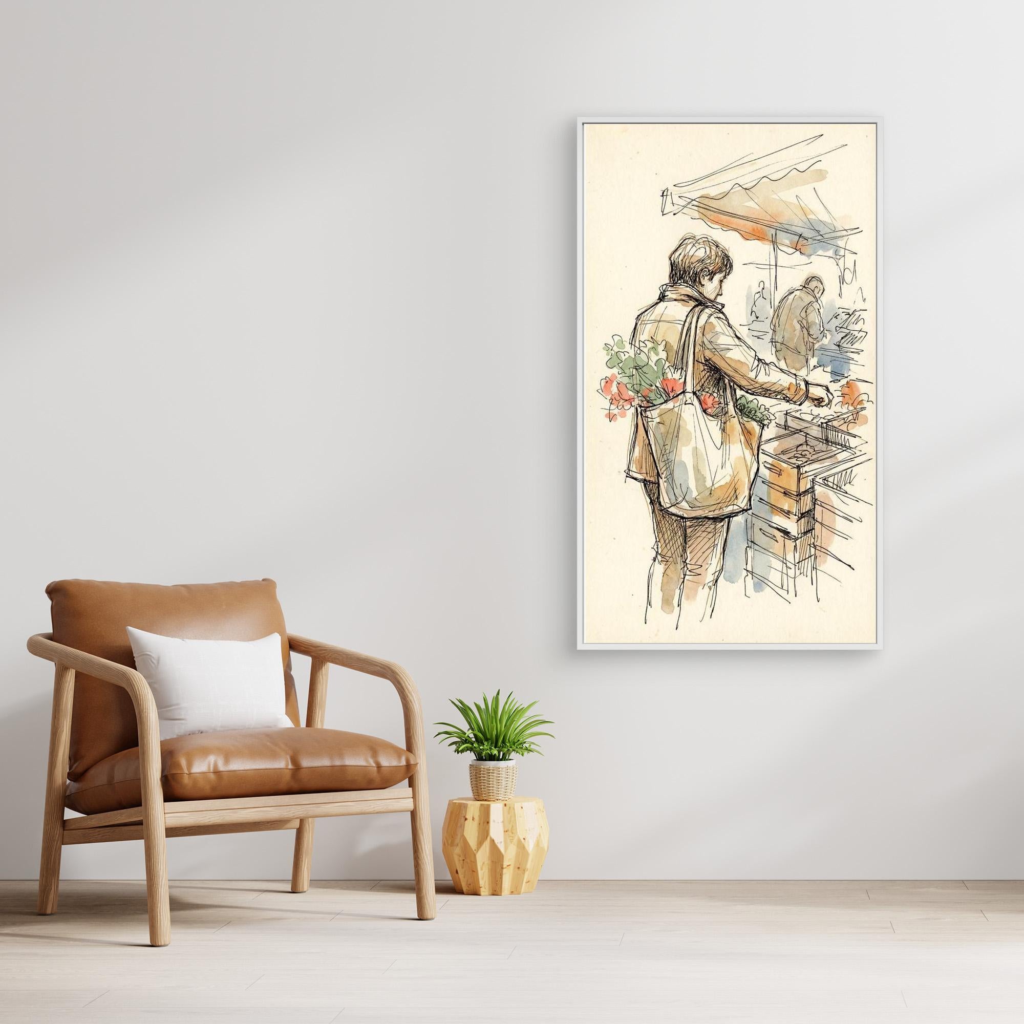 European Market Scene Framed Canvas Wall Art | Sketch Style - Framed Pop Art