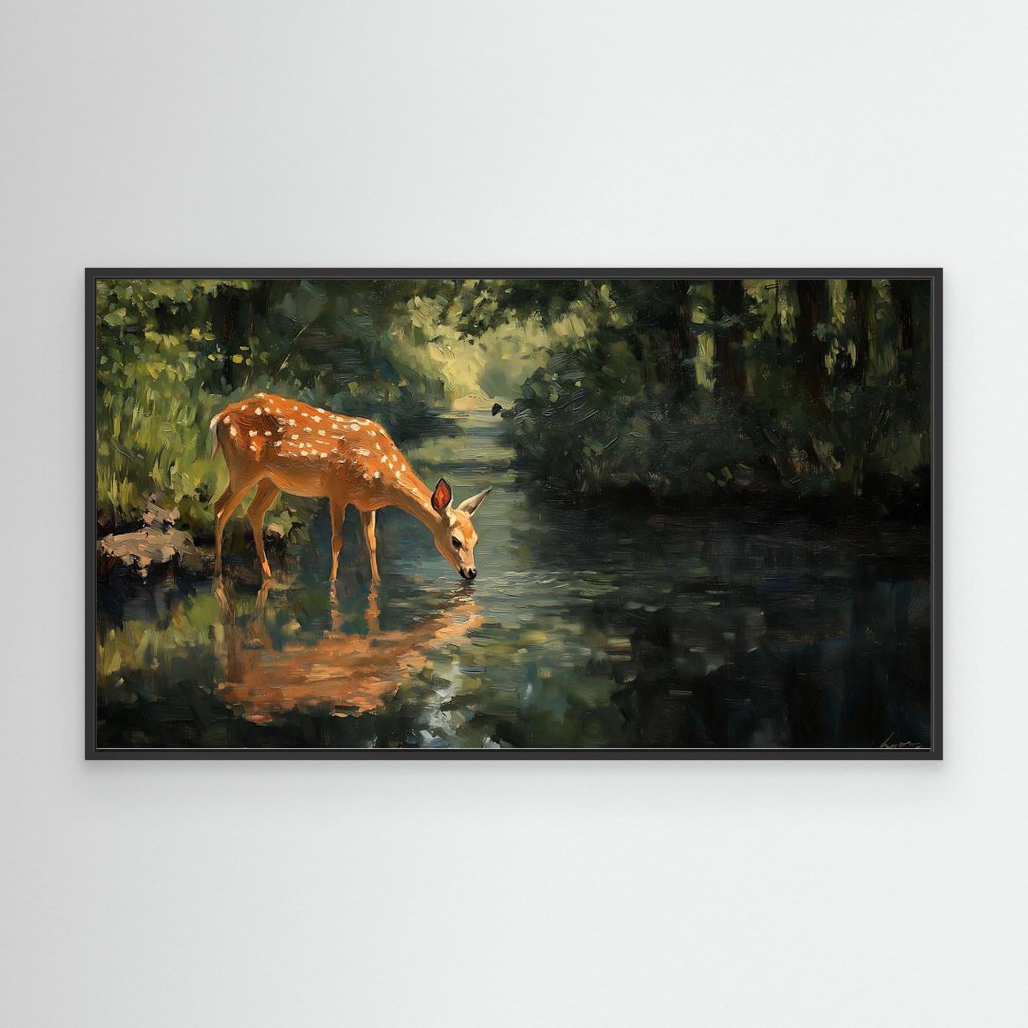Tranquil Deer in Forest Stream Canvas Wall Art