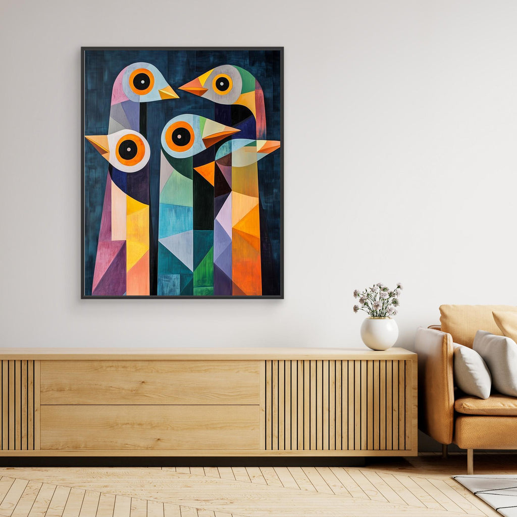 Colorful Geometric Birds Canvas Art | Modern Abstract Wall Decor - Framed Pop Art