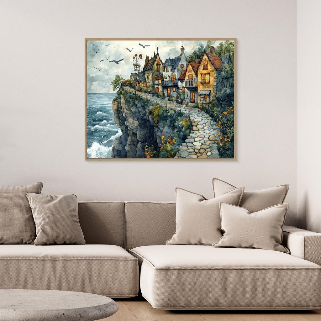 Coastal Cliffside Village Canvas Print for Hallway Decor - Framed Pop Art