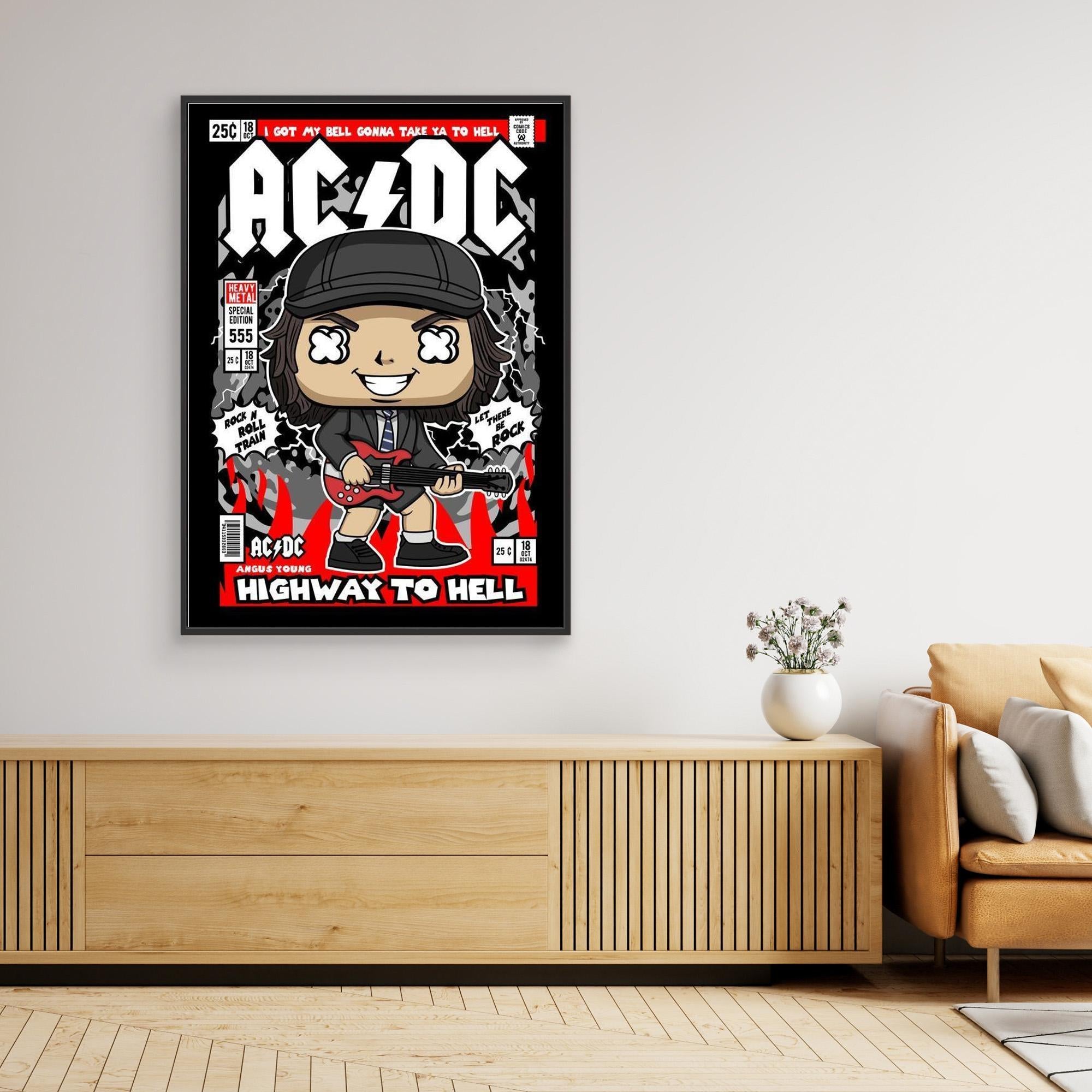 AC/DC Angus Young Comic Style Framed Canvas Art | Rock Decor
