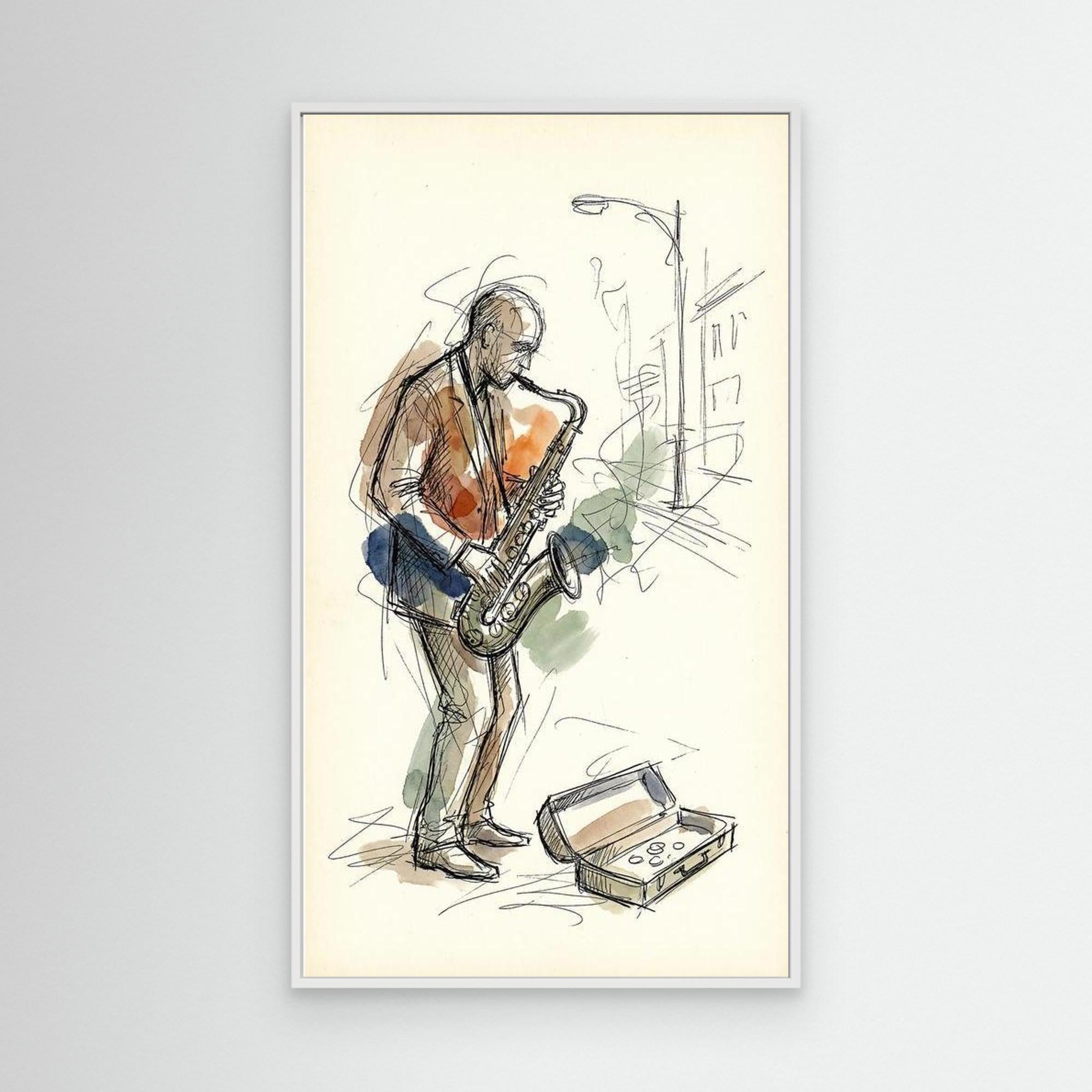 Saxophone Street Player Sketch Canvas Wall Art | Music Art - Framed Pop Art