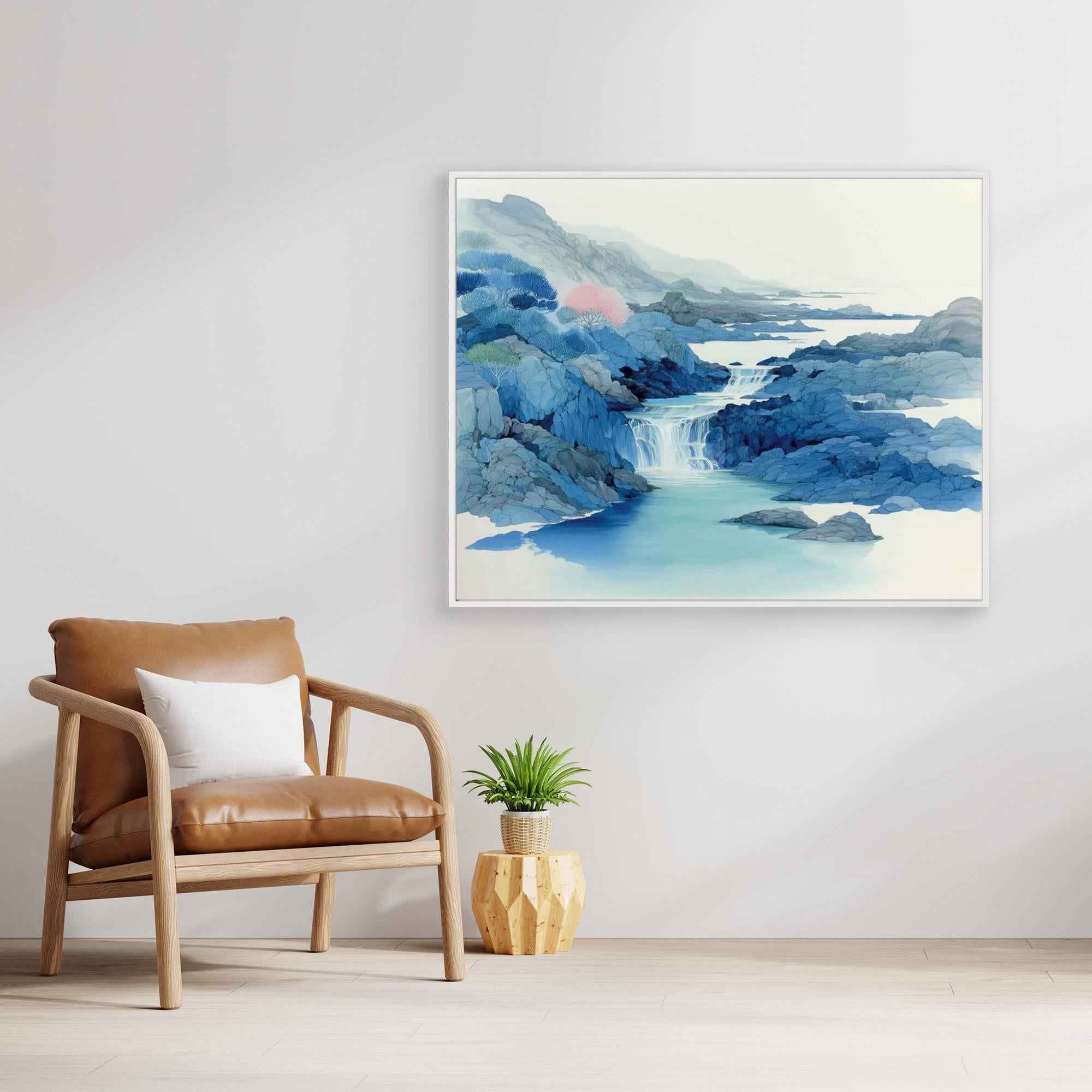 Calm Blue Waterfall Framed Canvas Wall Art - Framed Pop Art