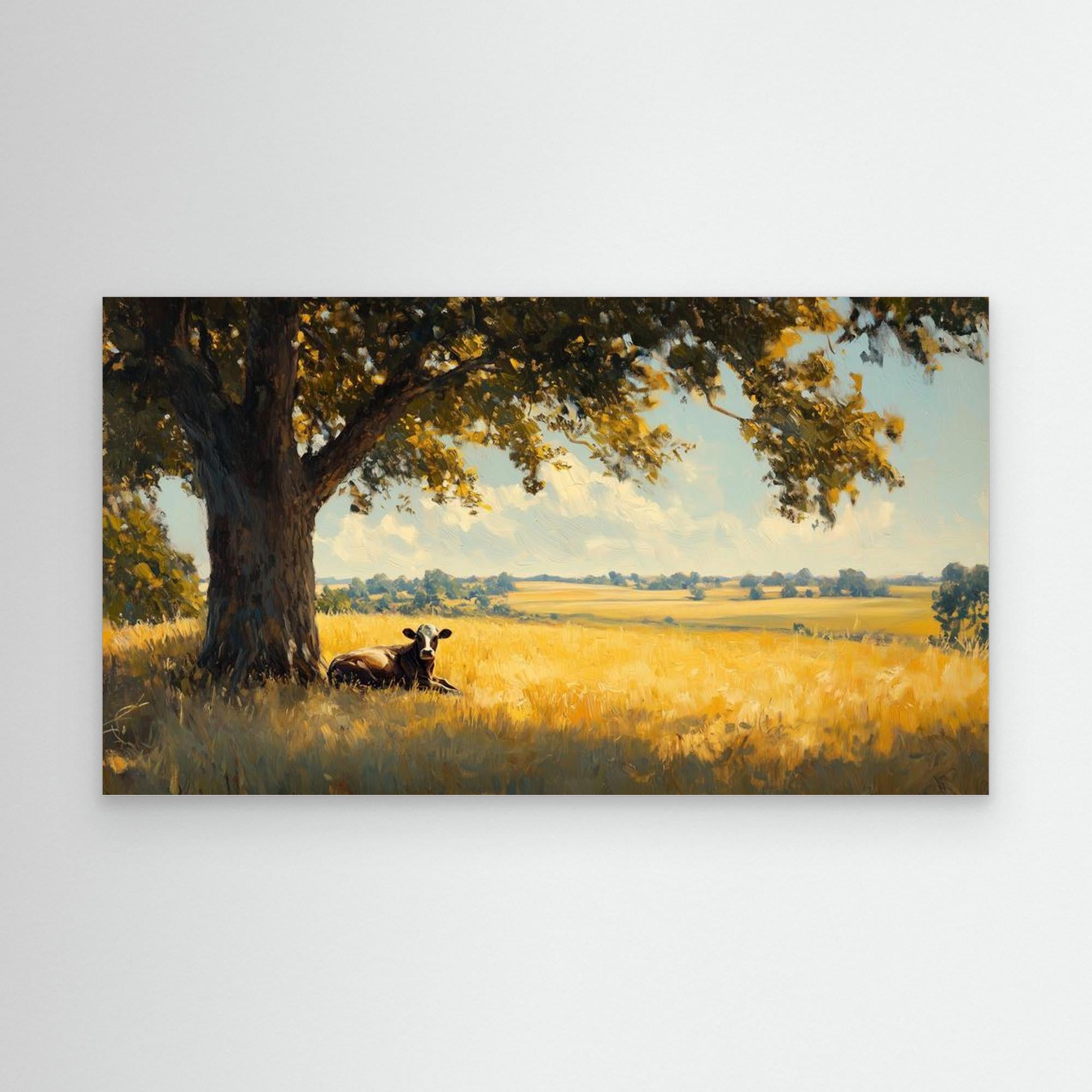 Cow in Sunlit Meadow Panoramic Canvas Wall Art Print