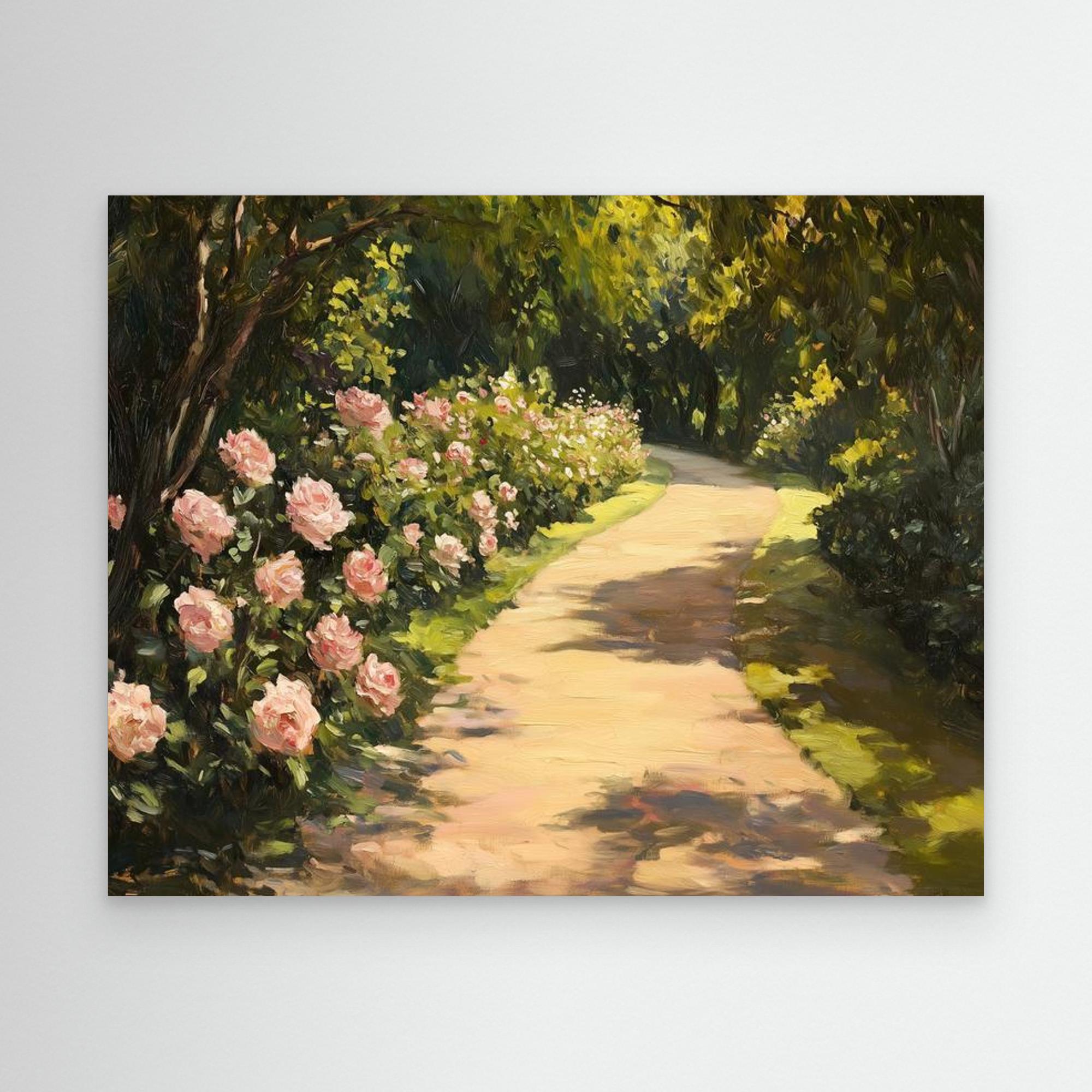 Pink Rose Garden Oil Painting - Romantic Floral Bedroom Decor