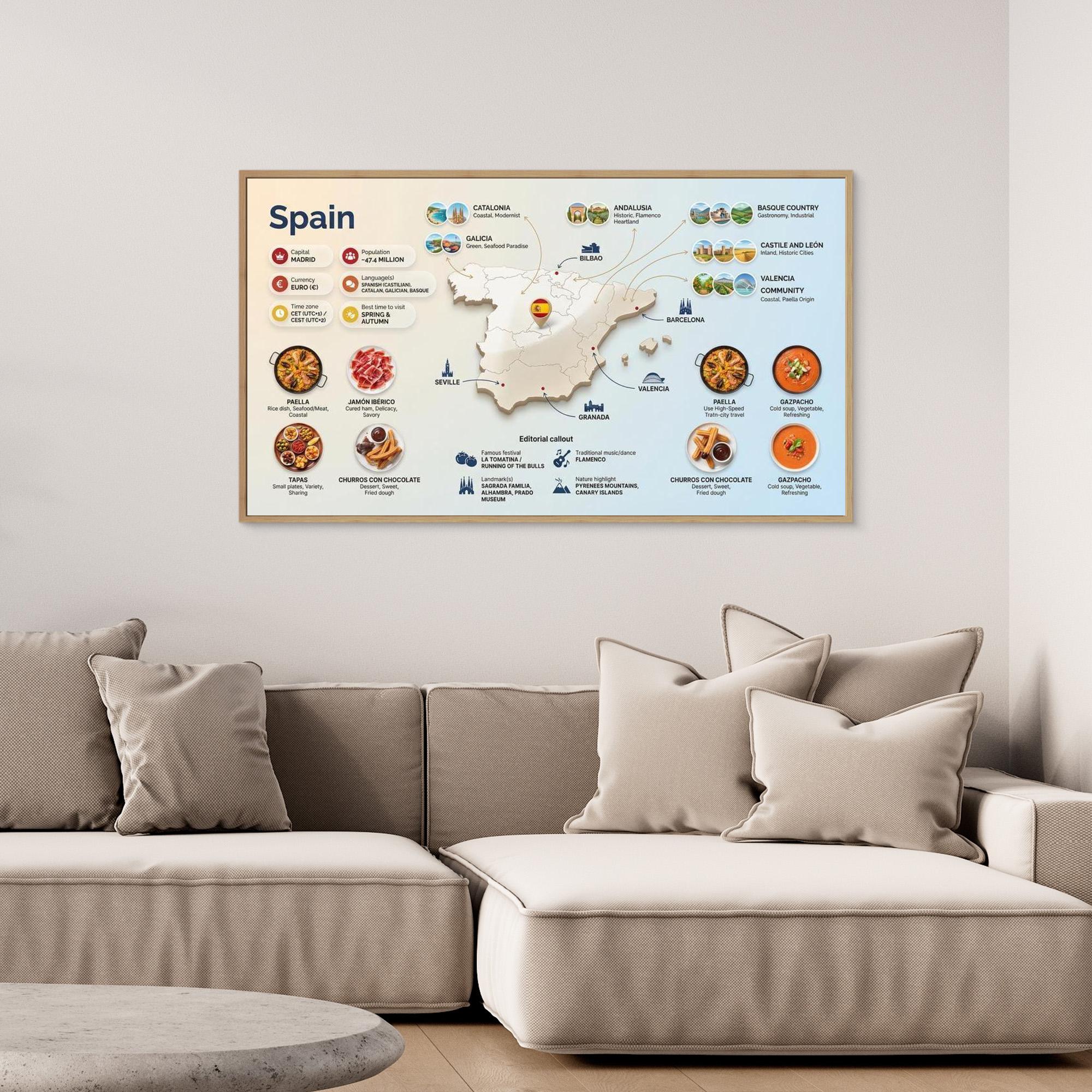Spain Travel Map Print – Modern Home Office Wall Art