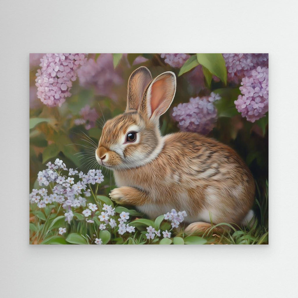 Rabbit in Lilacs Framed Canvas Print | Cute Woodland Wall Art - Framed Pop Art