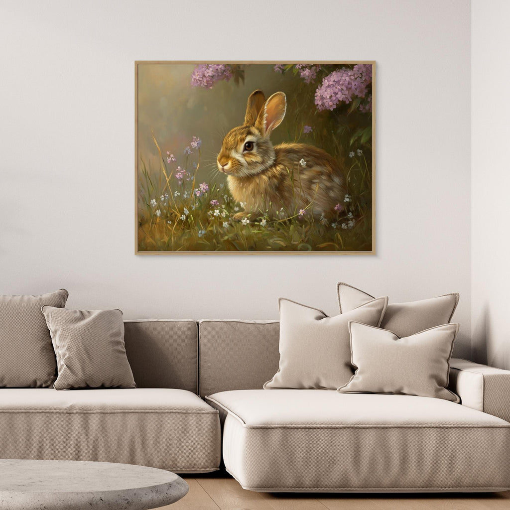 Brown Rabbit & Wildflowers Canvas Wall Art | Country Nursery - Framed Pop Art