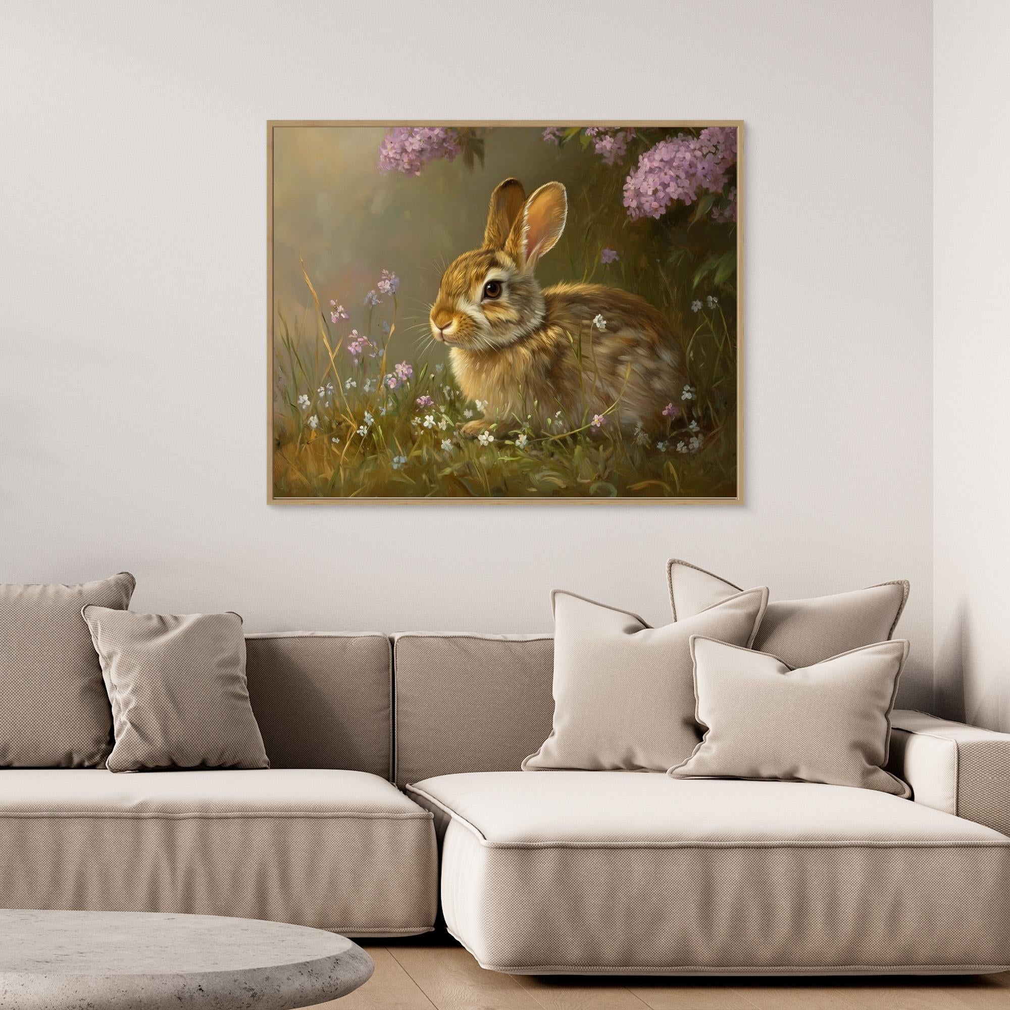 Brown Rabbit & Wildflowers Canvas Wall Art | Country Nursery - Framed Pop Art