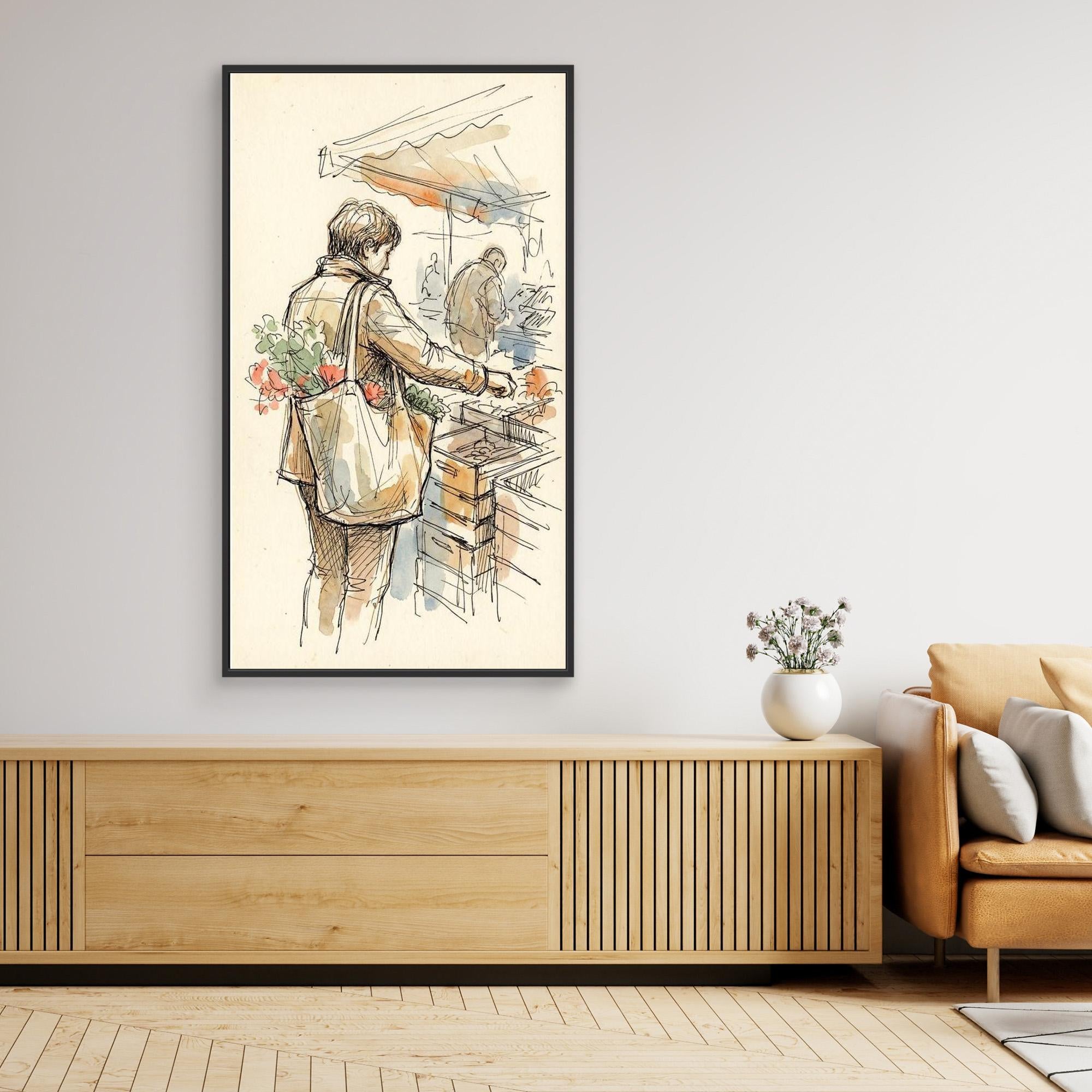 European Market Scene Framed Canvas Wall Art | Sketch Style - Framed Pop Art