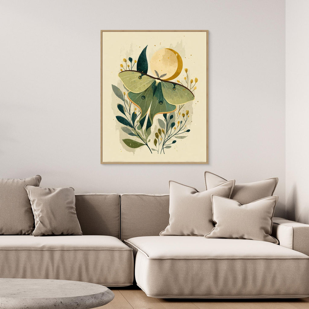 Luna Moth & Crescent Moon Art Print | Nature-Inspired Wall Decor | Nursery - Framed Pop Art