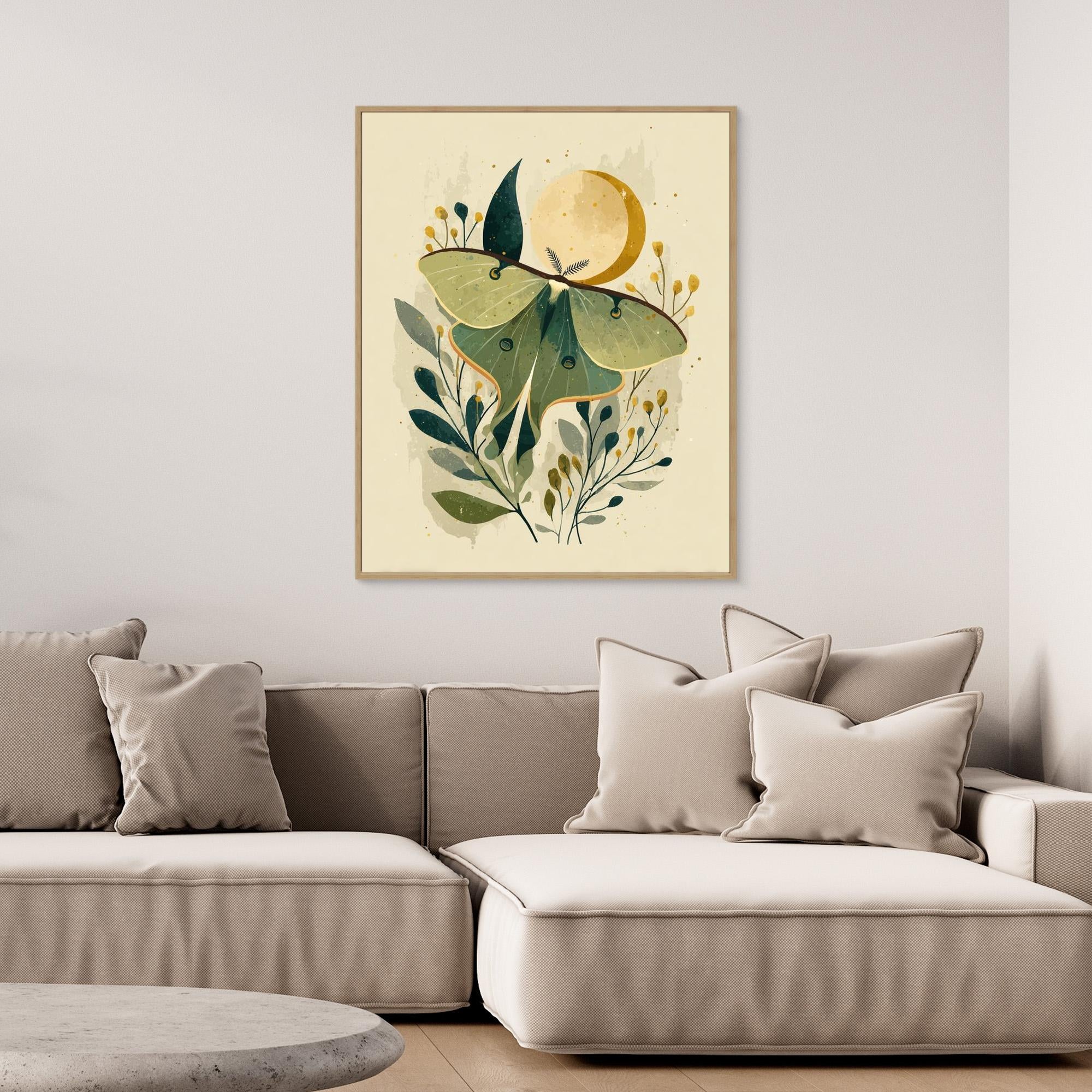 Luna Moth & Crescent Moon Art Print | Nature-Inspired Wall Decor | Nursery - Framed Pop Art