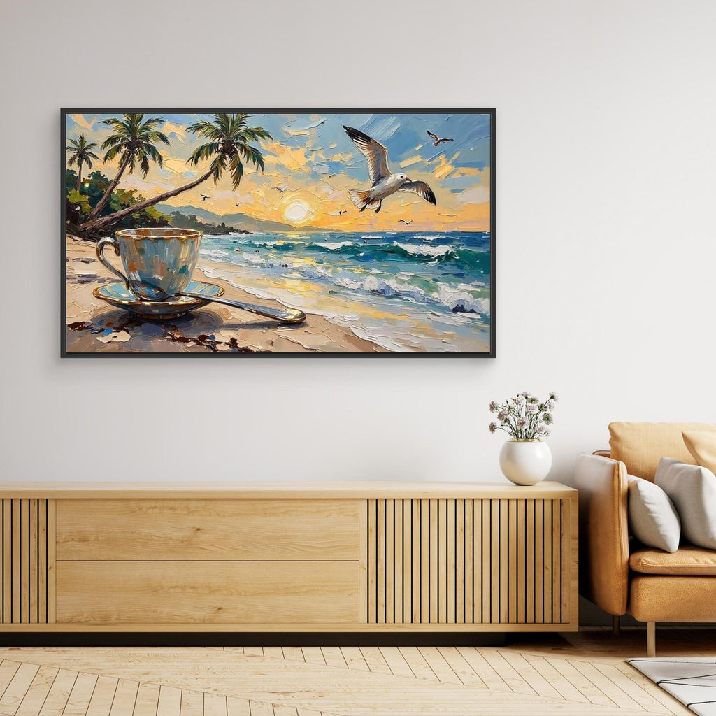 Coastal Kitchen Canvas Print – Coffee & Sunset Beach - Framed Pop Art