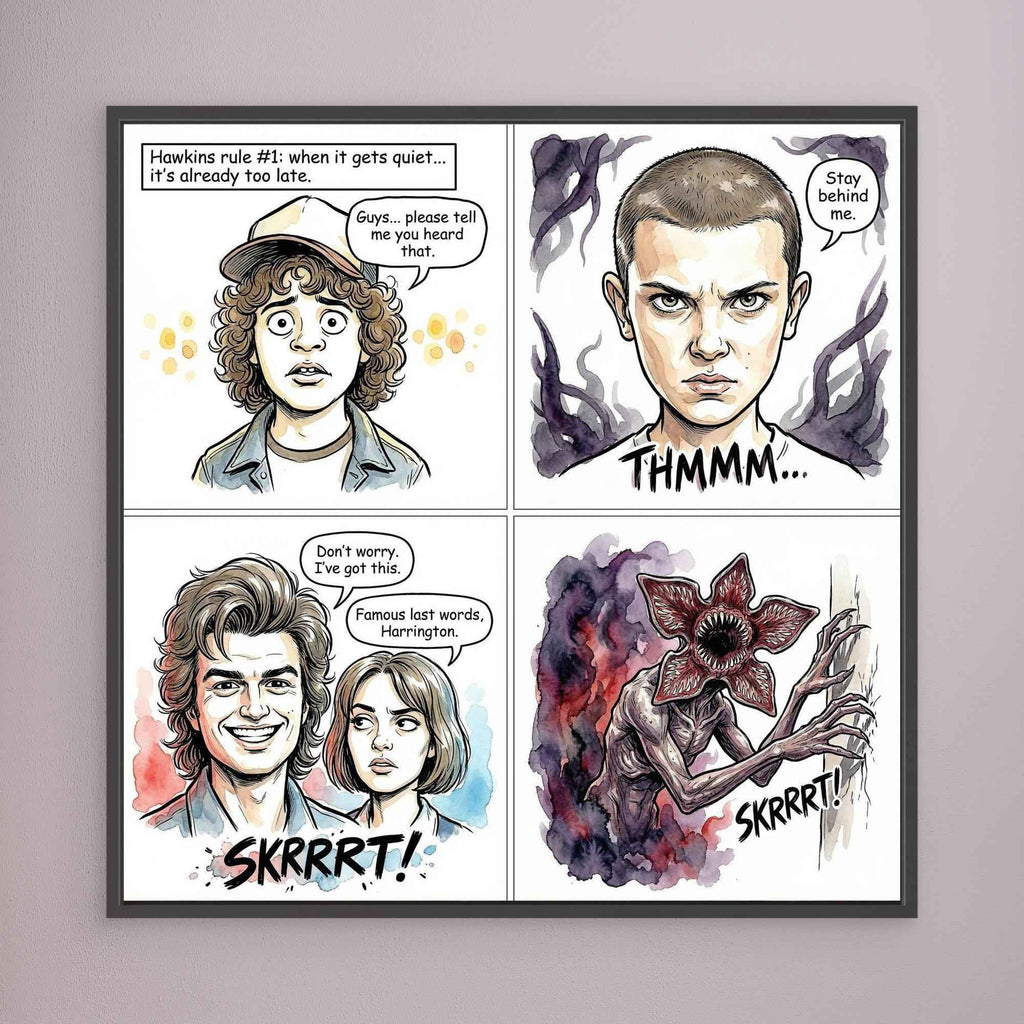 Stranger Things Fan Art Canvas | Hawkins Comic Print - Framed Pop Art