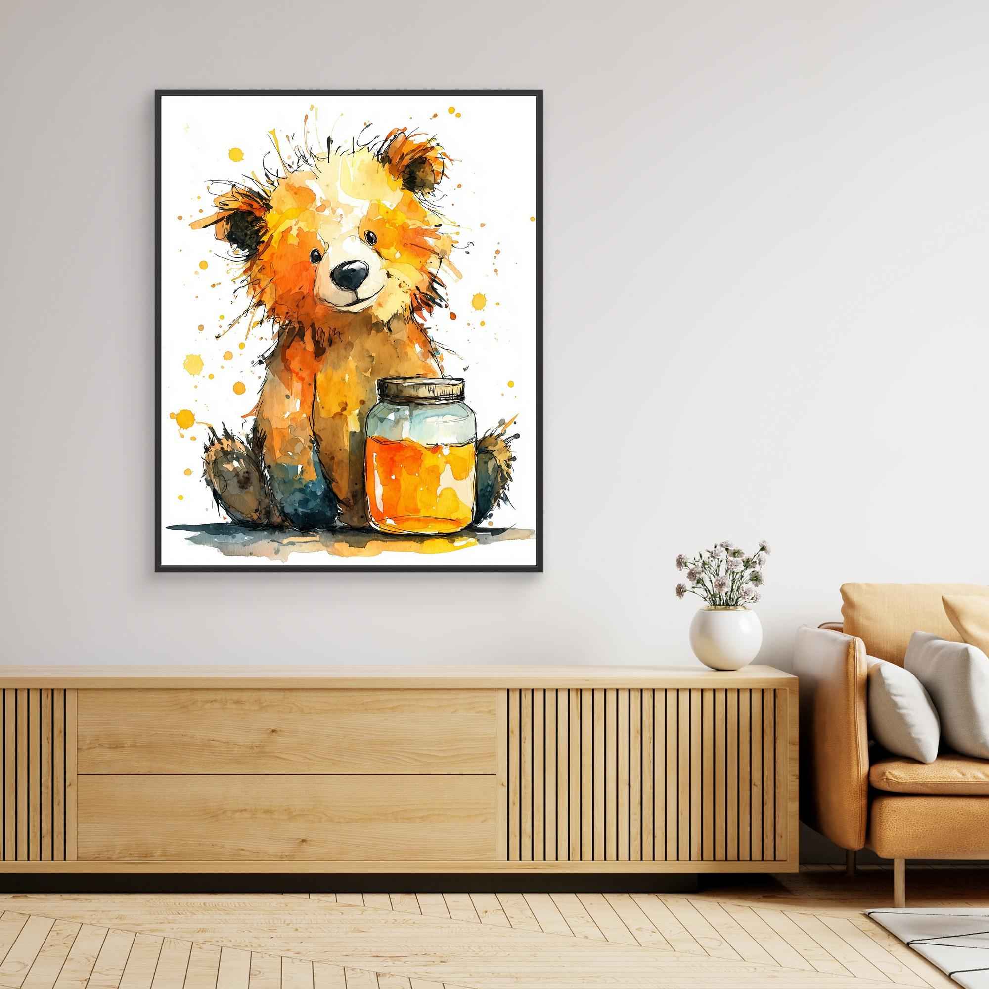 Watercolor Teddy Bear Honey Jar Canvas - Framed Pop Art