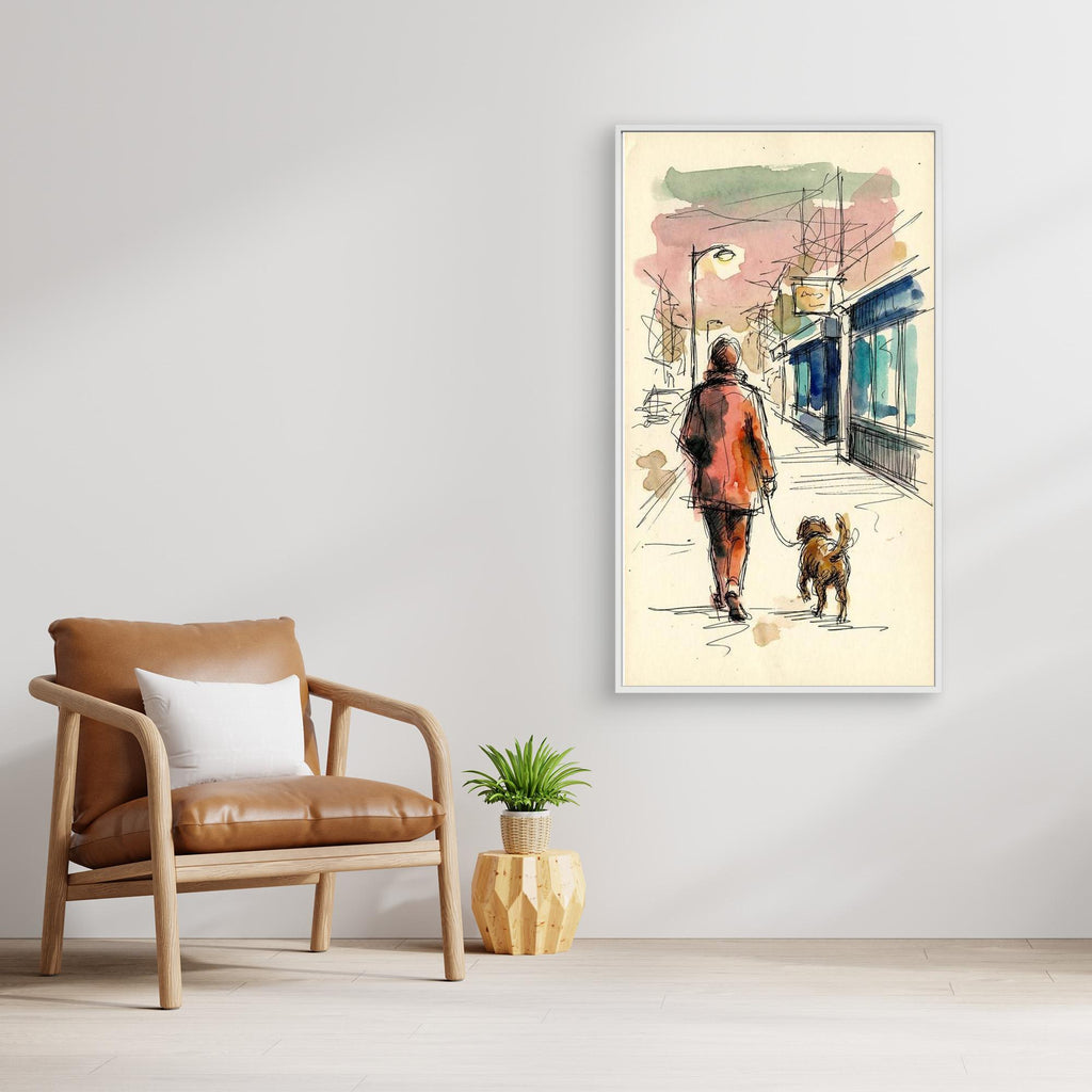 City Stroll Dog Walker Art | Framed Sketch Style Print - Framed Pop Art