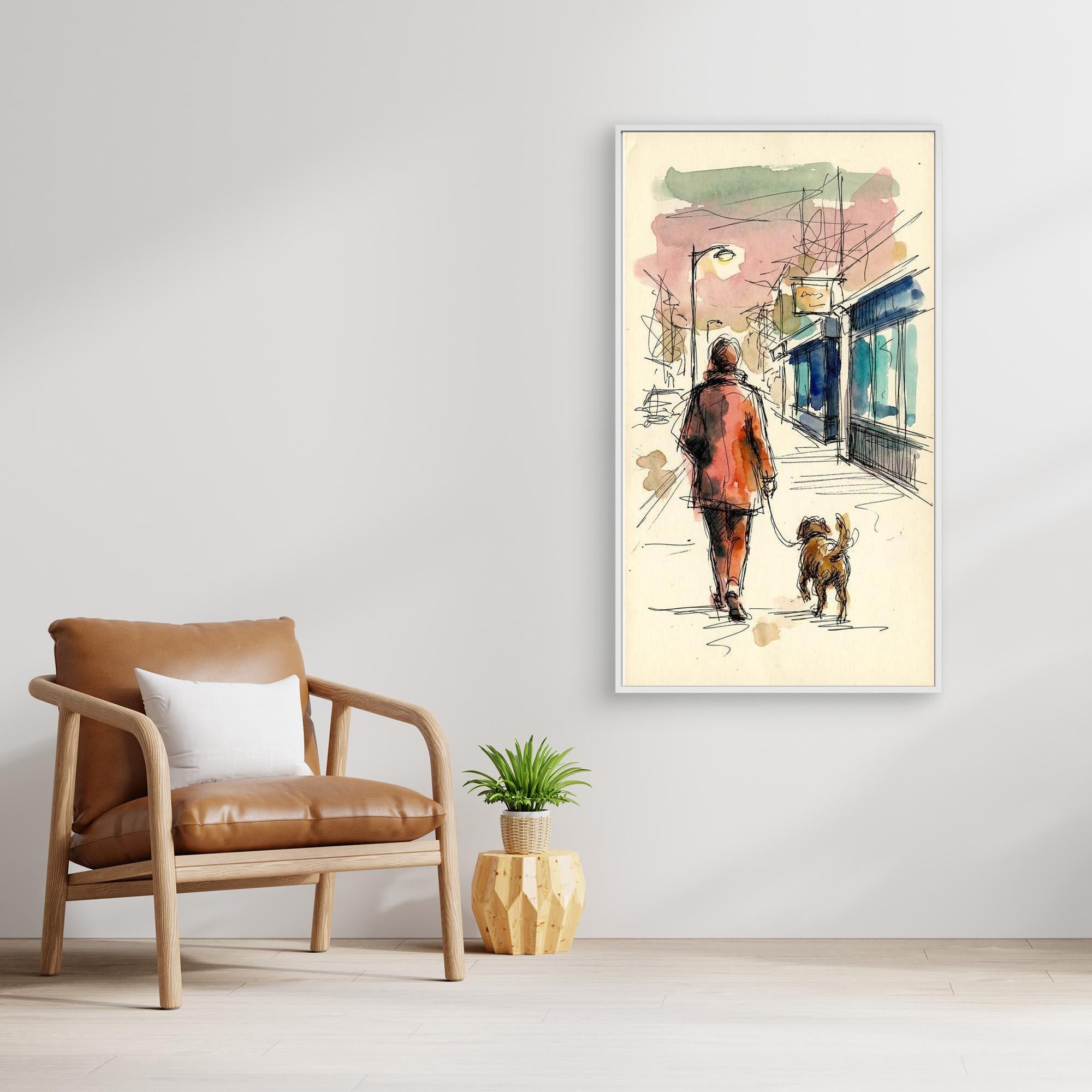 City Stroll Dog Walker Art | Framed Sketch Style Print - Framed Pop Art