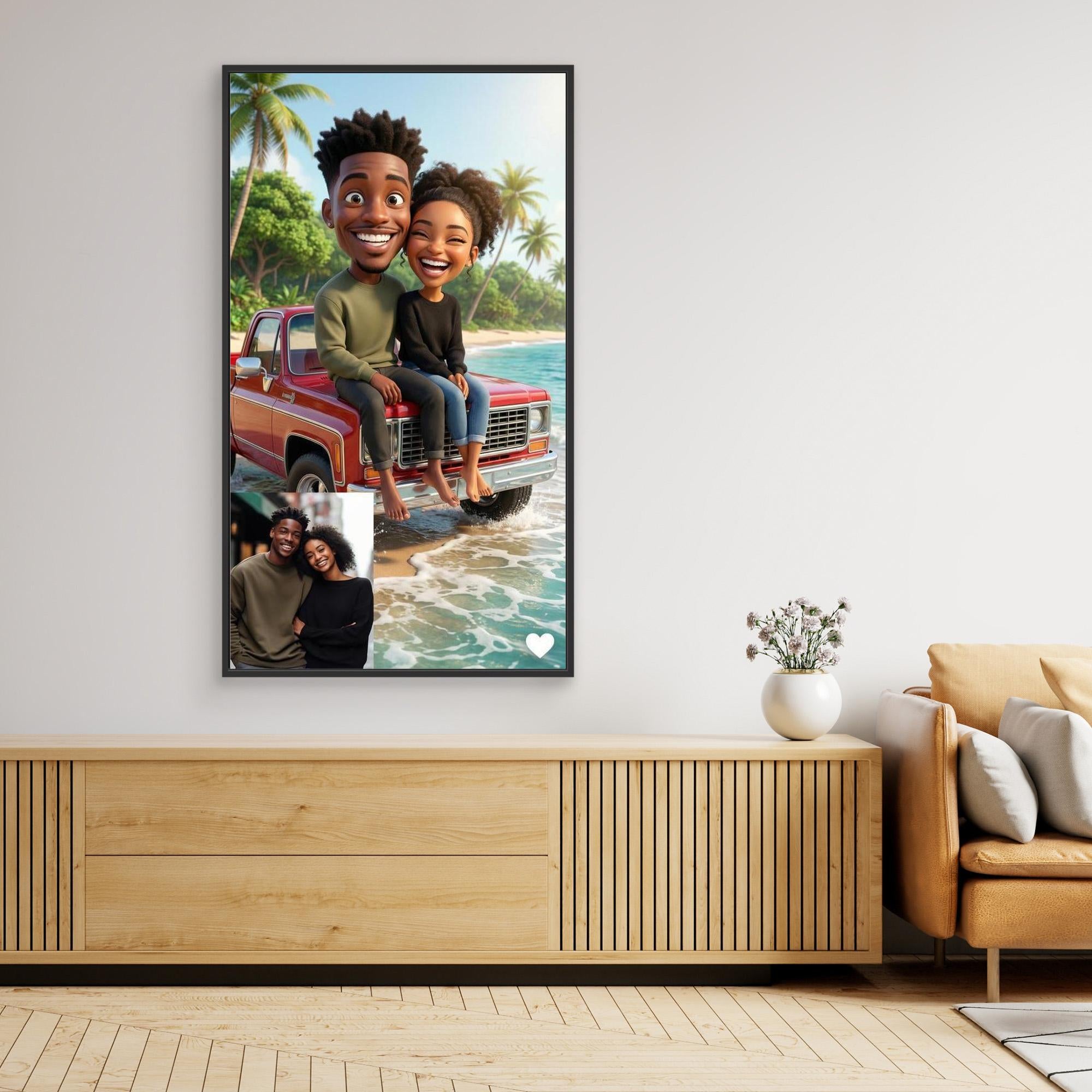 Custom Beach Caricature Portrait from Photo | Framed Canvas
