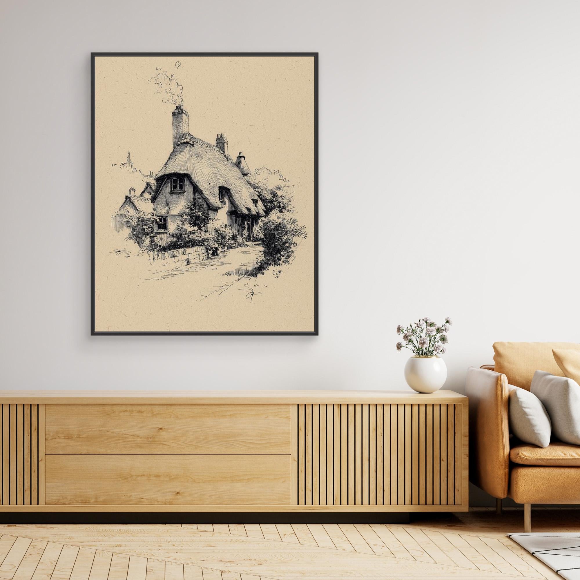 Vintage English Thatch Cottage Sketch | Framed Wall Art