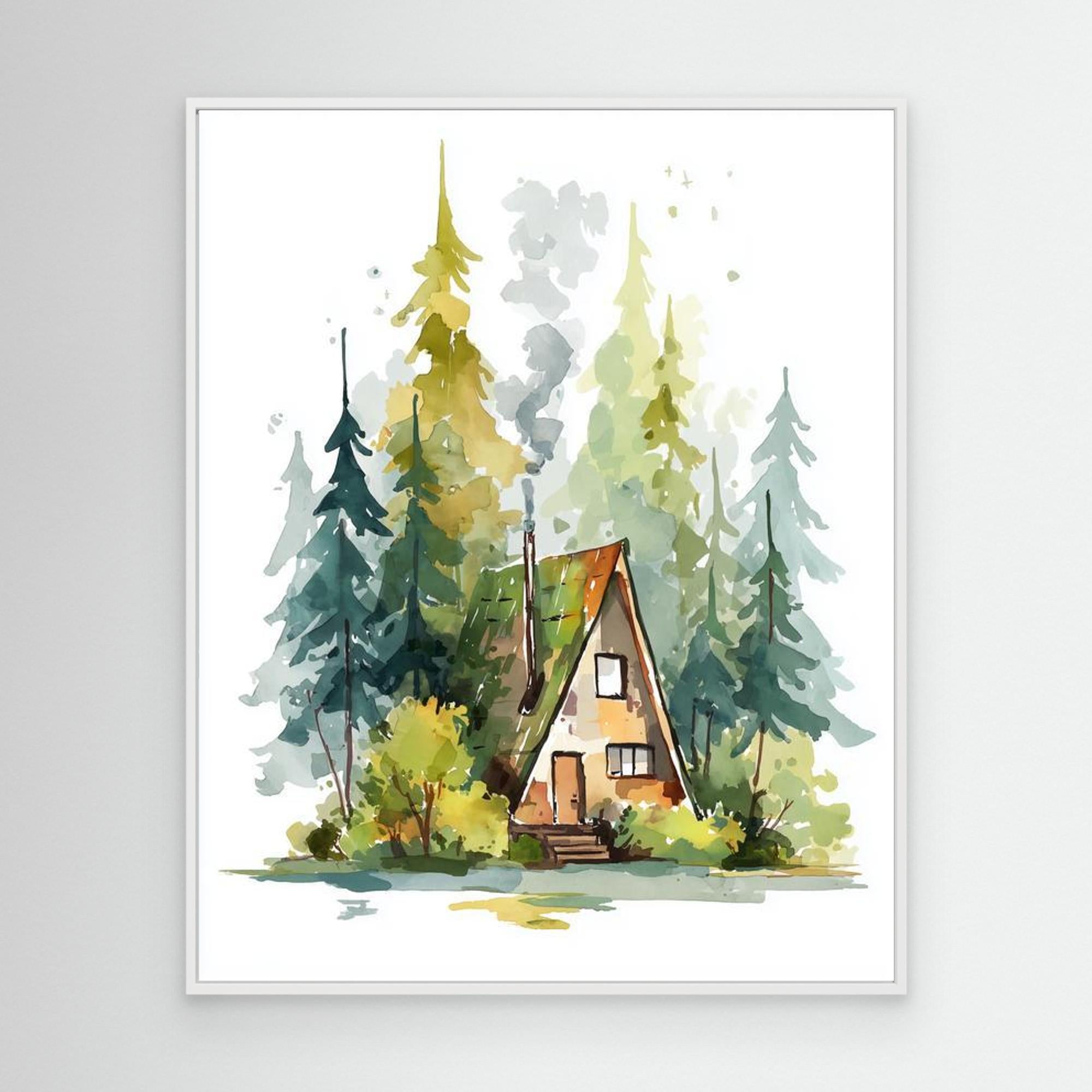 Cozy A-Frame Forest Cabin Watercolour Art | Woodland Nursery - Framed Pop Art