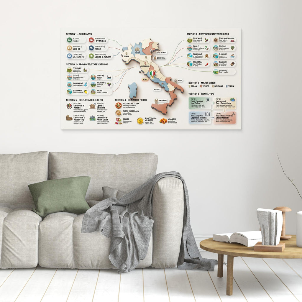 Italy Infographic Map Wall Art | Framed Canvas Travel Guide