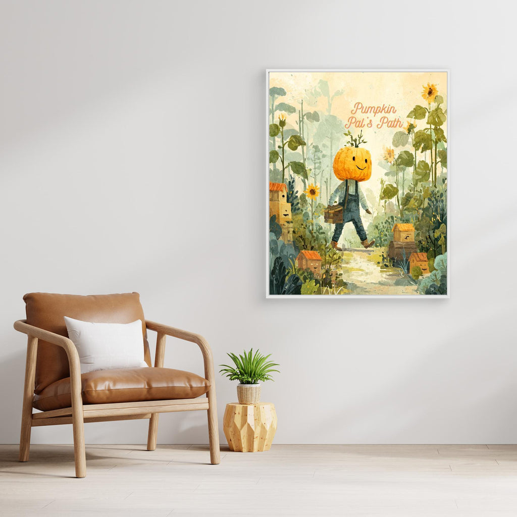 Pumpkin Pal’s Path Whimsical Autumn Canvas Wall Art - Framed Pop Art