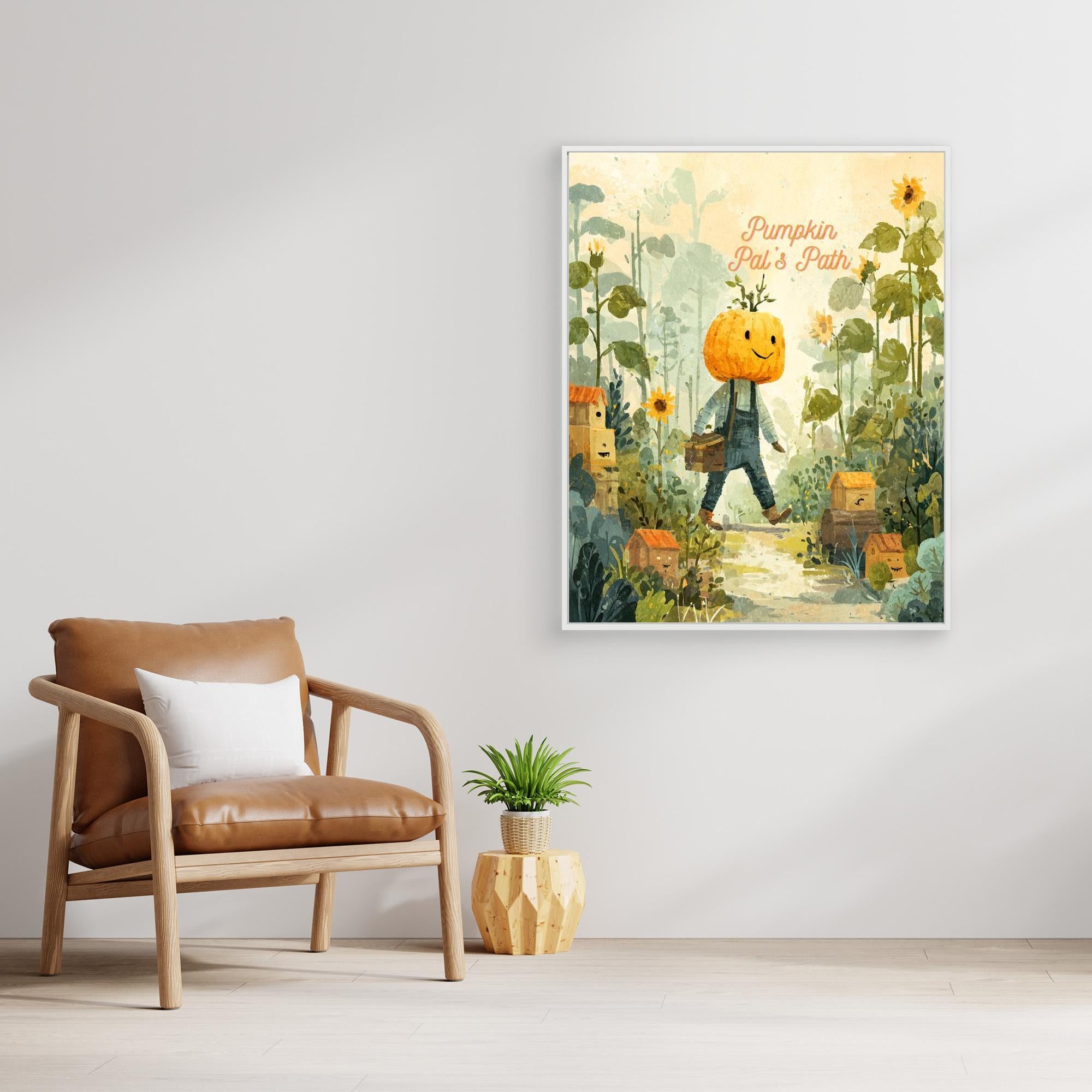Pumpkin Pal’s Path Whimsical Autumn Canvas Wall Art - Framed Pop Art