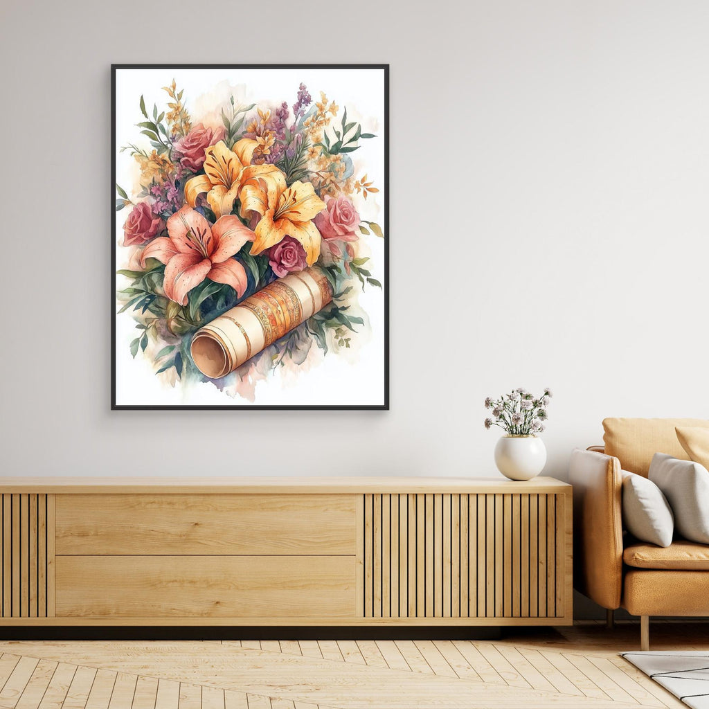 Vintage Lily & Rose Watercolour Floral Wall Art Print - Framed Pop Art