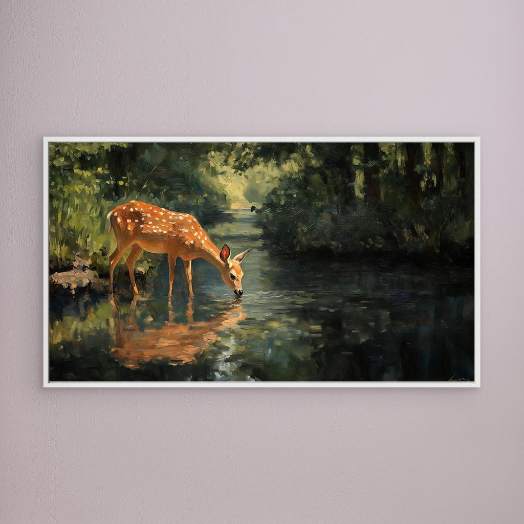 Tranquil Deer in Forest Stream Canvas Wall Art - Framed Pop Art
